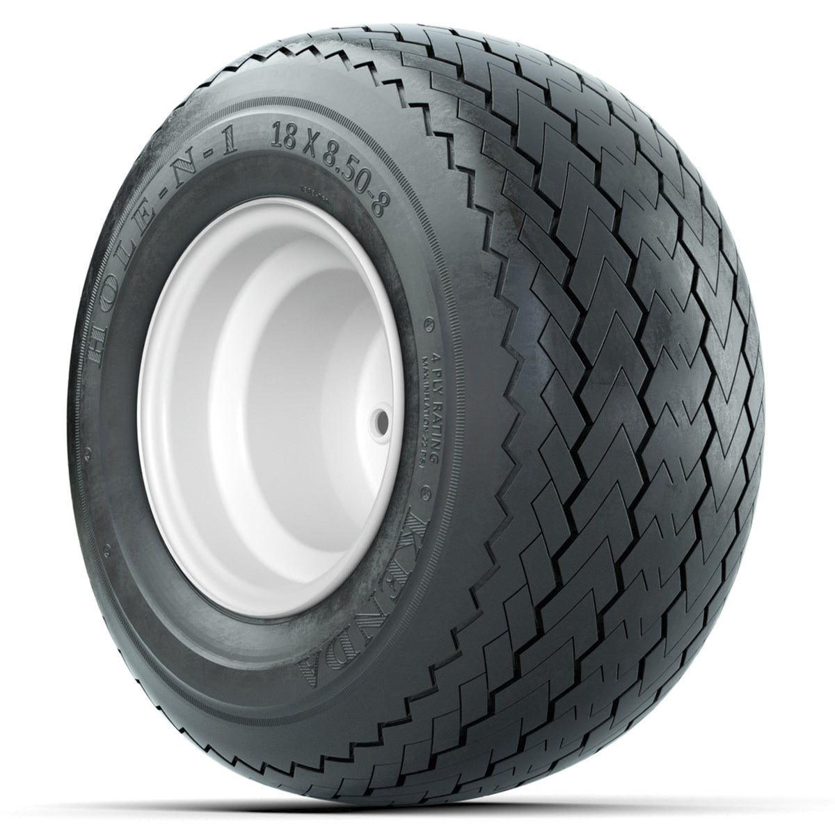 Set of (4) 8" White Steel Offset Wheels with 18 in Kenda Hole-N-1 Tires