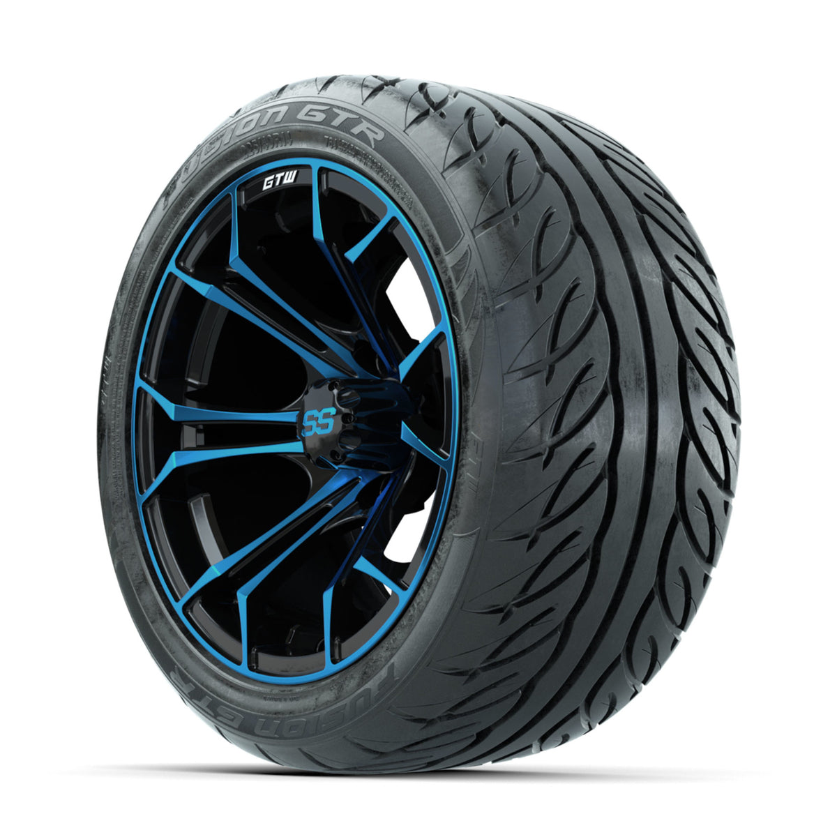 GTW Spyder Blue/Black 14 in Wheels with 225/40-R14 Fusion GTR Street Tires Full Set
