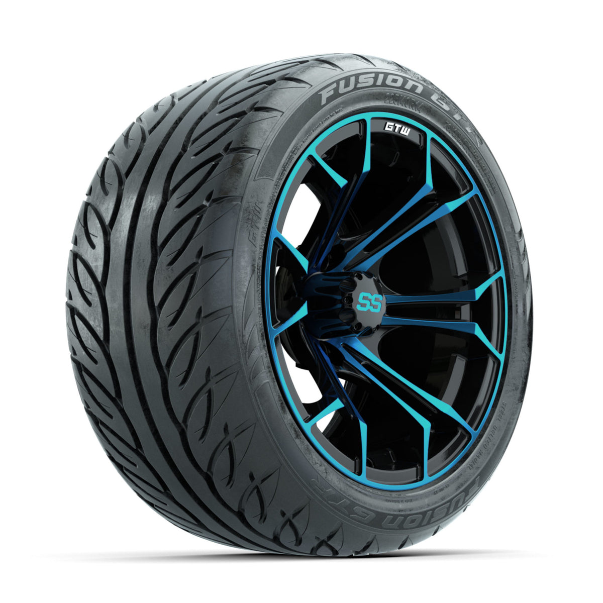 GTW Spyder Blue/Black 14 in Wheels with 225/40-R14 Fusion GTR Street Tires Full Set