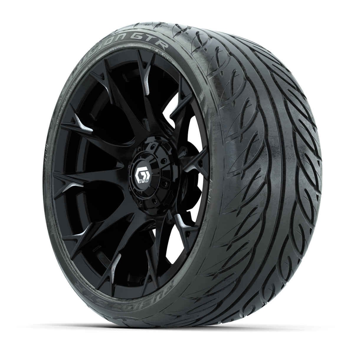 GTW® Diablo Gloss Black/Machined 15 inch Wheels with 215/40-R15 Fusion GTR Steel Belted Street Tires Full Set