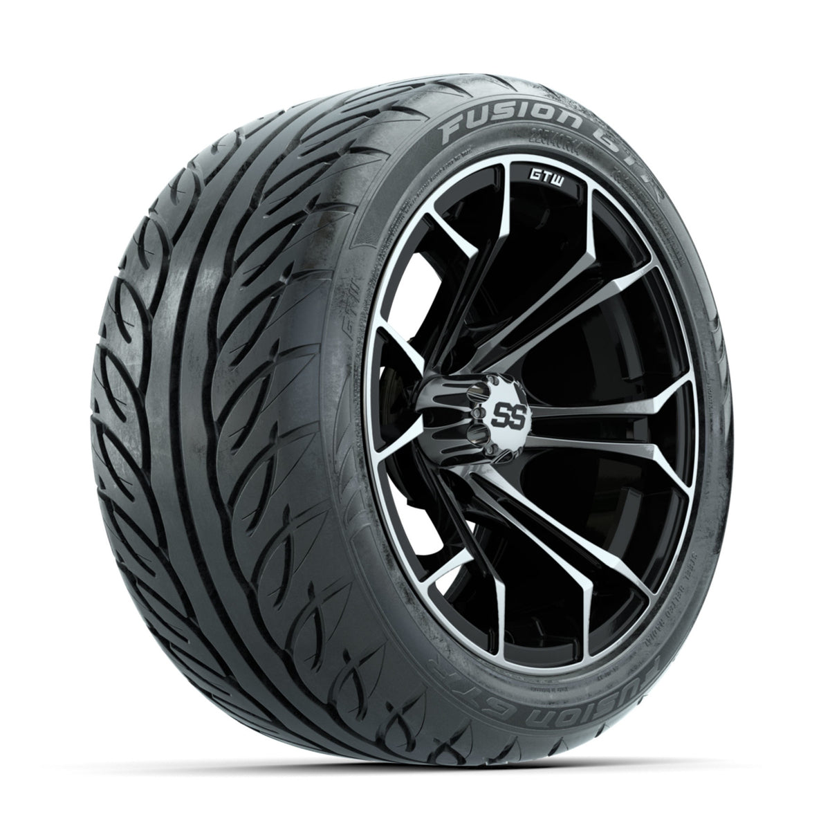 GTW Spyder Machined/Black 14 in Wheels with 225/40-R14 Fusion GTR Street Tires Full Set