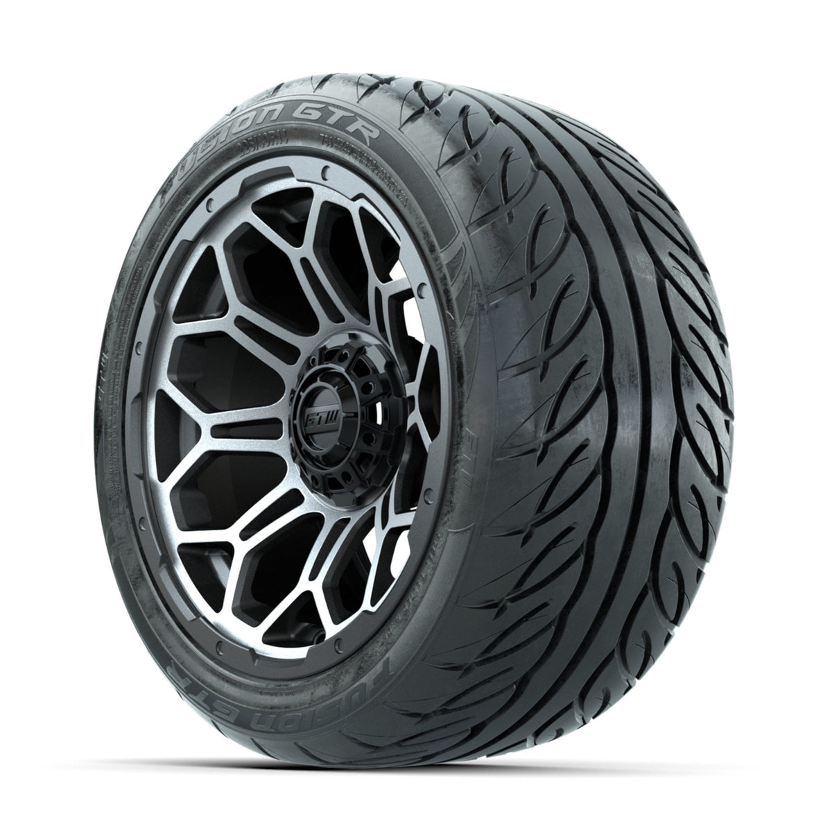 GTW Bravo Machined/Matte Grey 14 in Wheels with 225/40-R14 Fusion GTR Street Tires Full Set