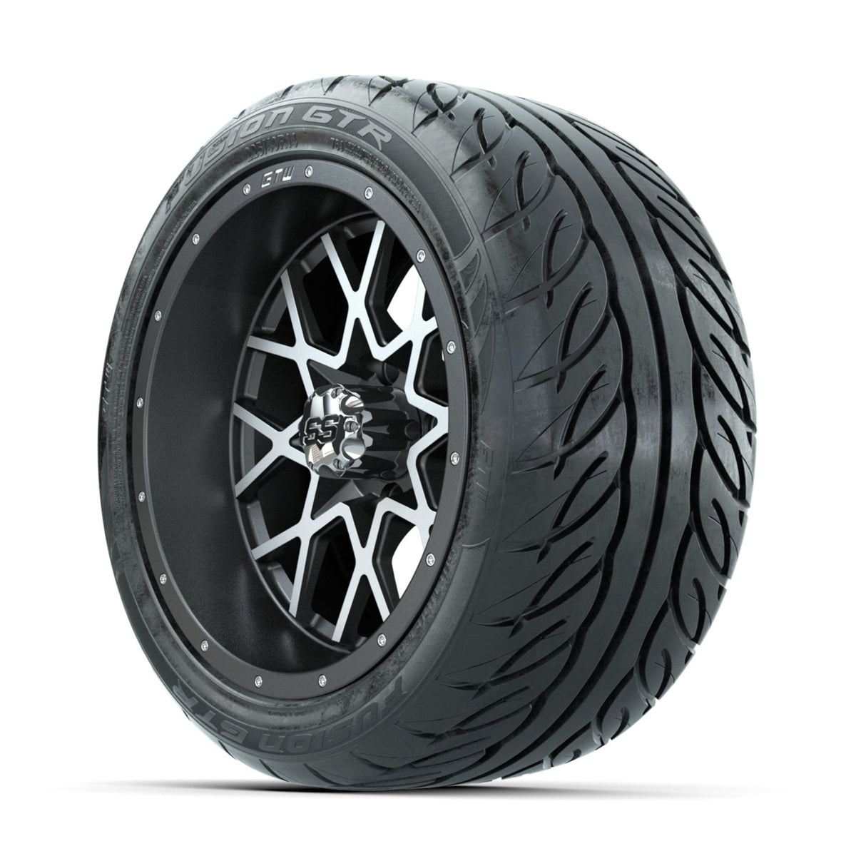 GTW Vortex Machined/Matte Grey 14 in Wheels with 225/40-R14 Fusion GTR Street Tires Full Set
