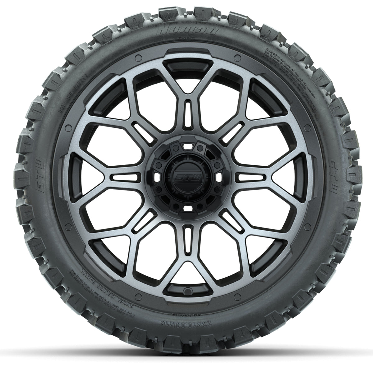 Set of (4) 15 inch GTW Bravo Matte Gray Wheels with 23x10-R15 Nomad All-Terrain Tires