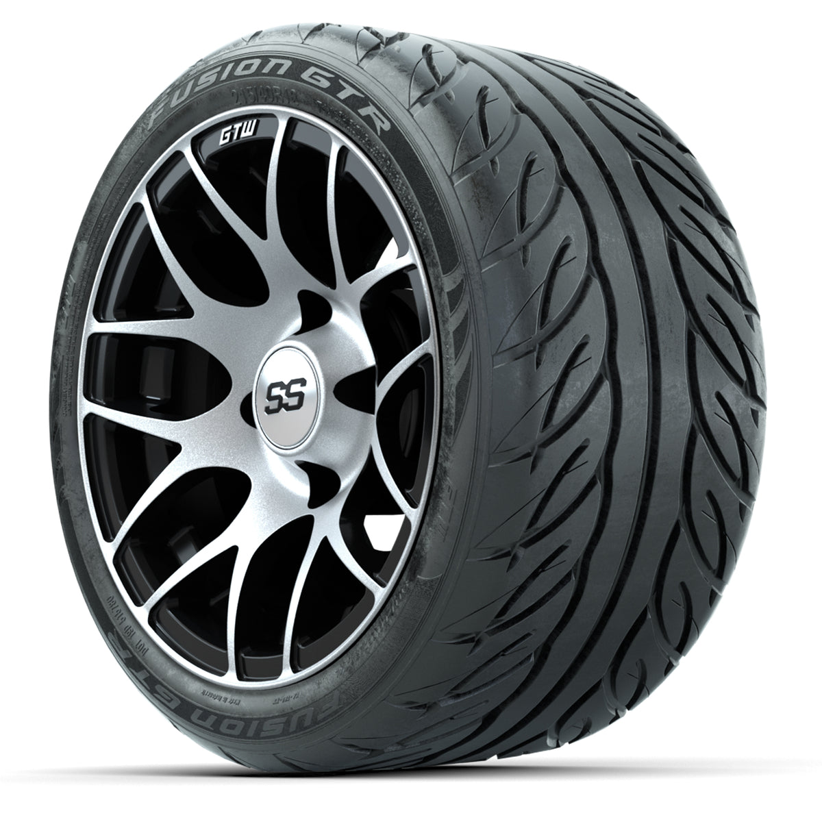 12" GTW Pursuit Black/Machined Wheels with Fusion GTR Street Tires Set of 4