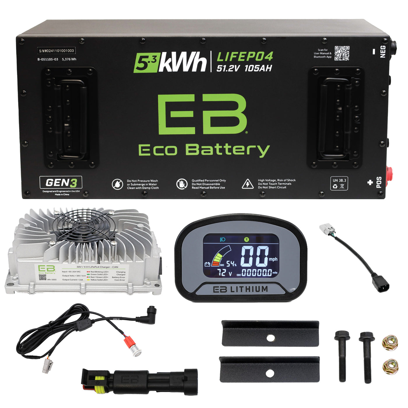Eco Battery 51V 105aH Thru Hole Lithium Golf Cart Battery Kit for Advanced EV EV1 10 Year Warranty