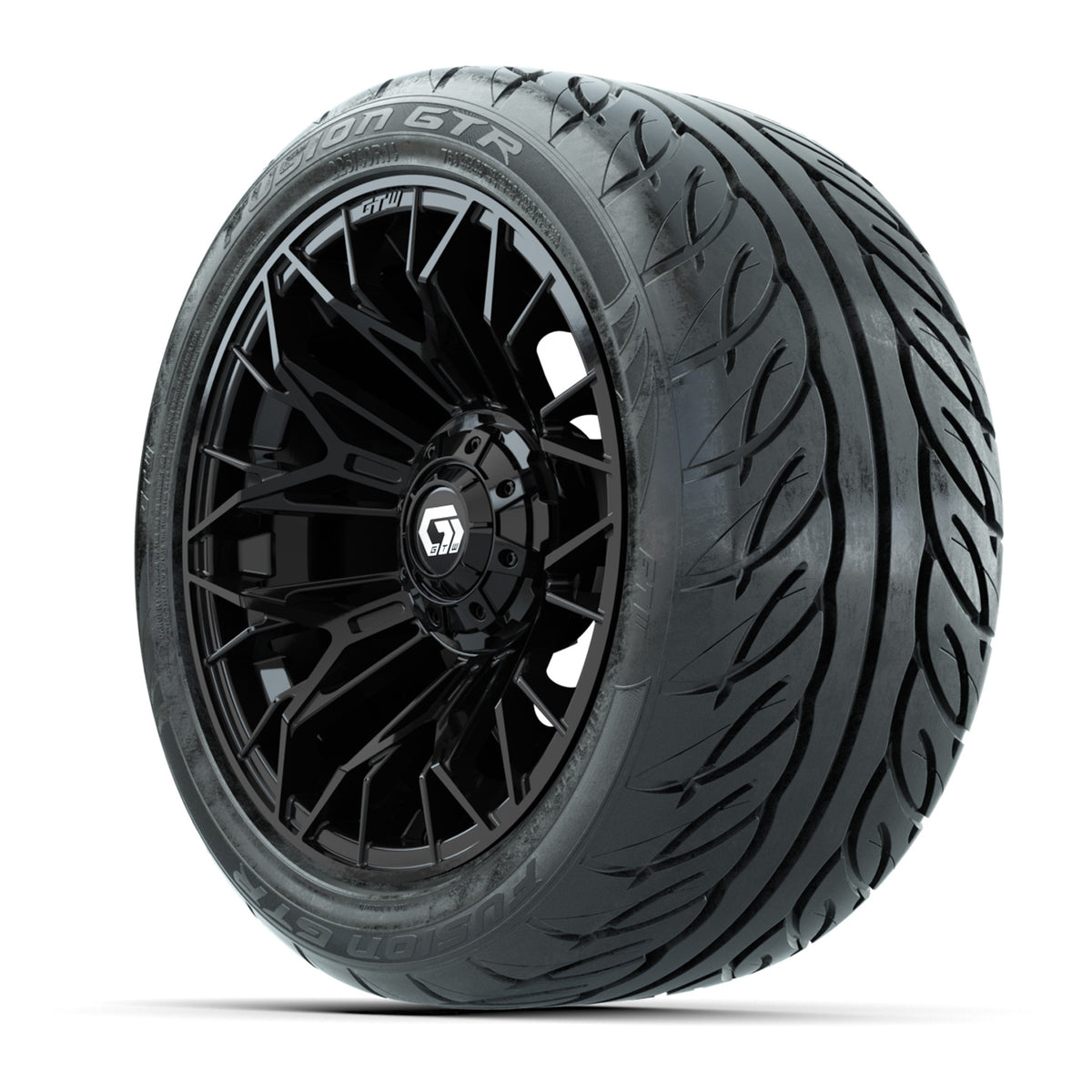 GTW Stellar Matte Black 14 in Wheels with 225/40-R14 Fusion GTR Street Tires Full Set