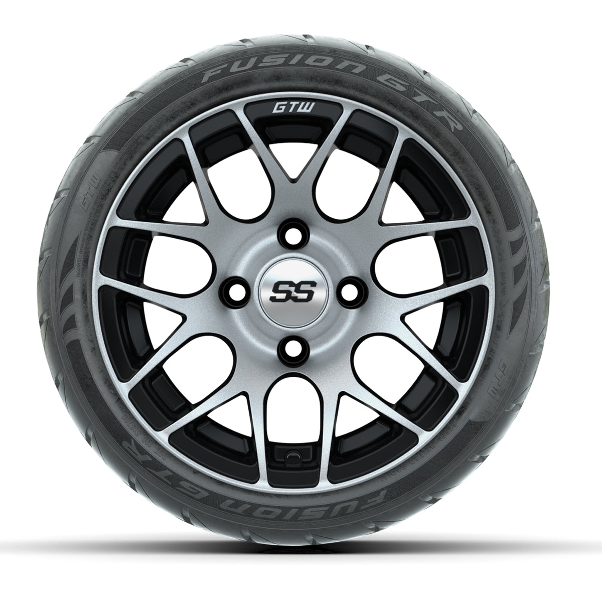12" GTW Pursuit Black/Machined Wheels with Fusion GTR Street Tires Set of 4