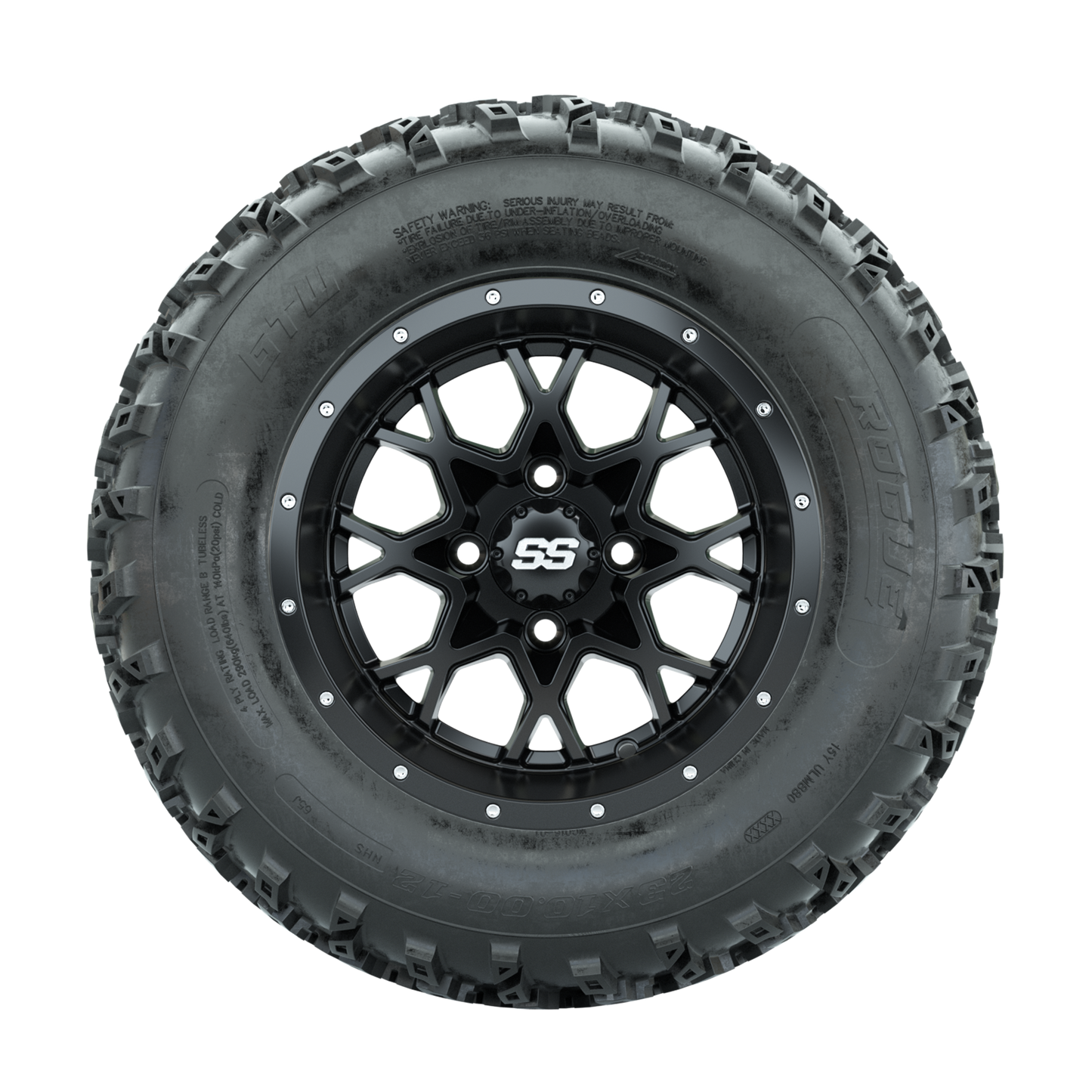 GTW Vortex Matte Black 12 in Wheels with 23x10.00-12 Rogue All Terrain Tires Full Set