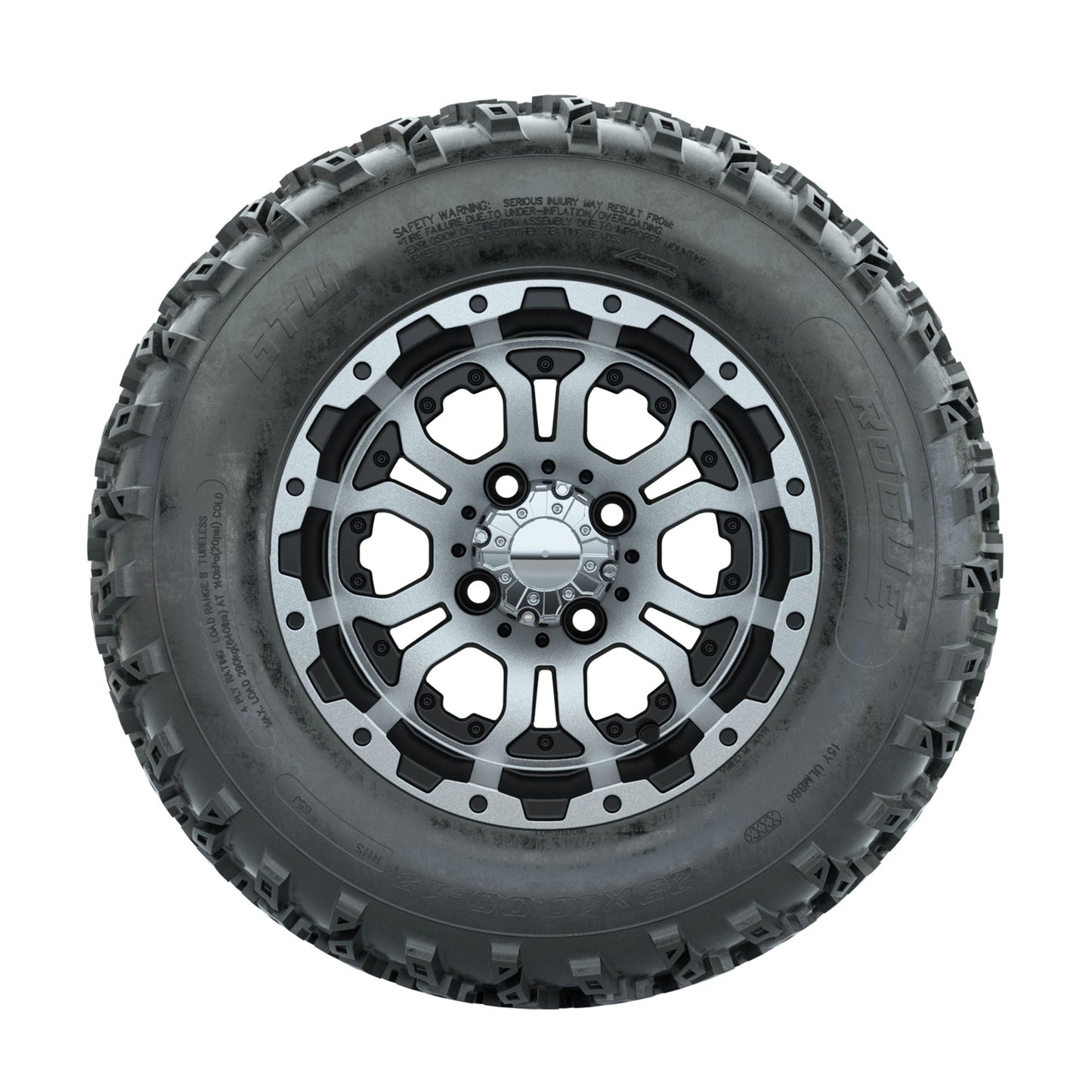 GTW Omega Machined/Black 12 in Wheels with 23x10.00-12 Rogue All Terrain Tires Full Set