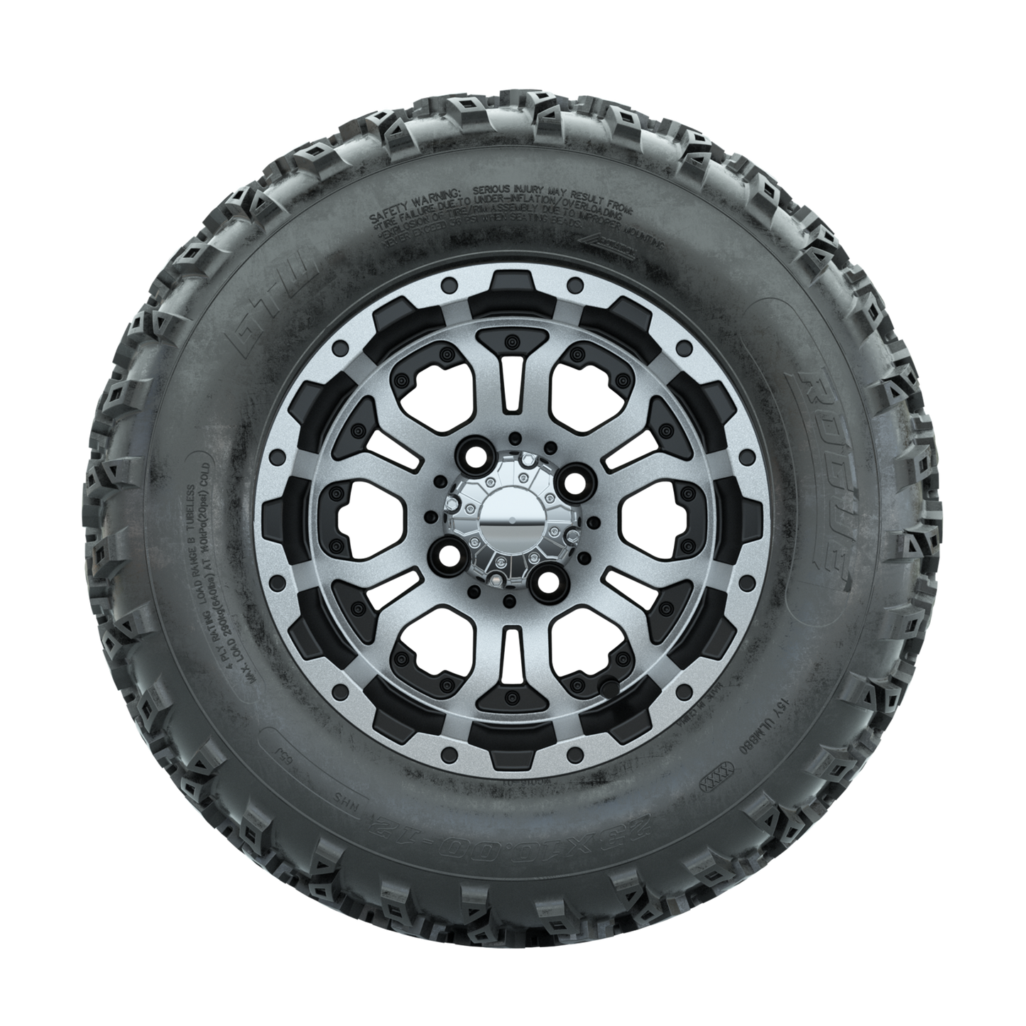 GTW Omega Machined/Black 12 in Wheels with 23x10.00-12 Rogue All Terrain Tires Full Set