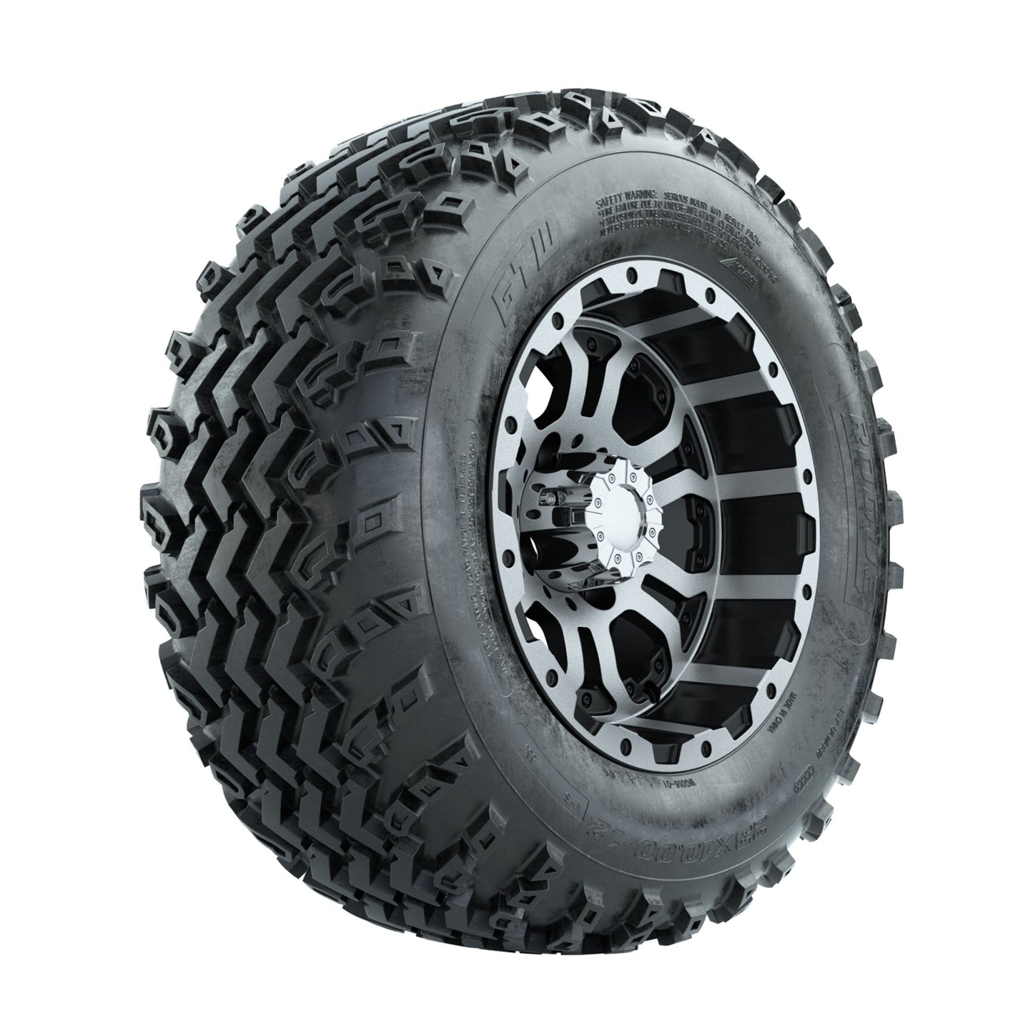 GTW Omega Machined/Black 12 in Wheels with 23x10.00-12 Rogue All Terrain Tires Full Set