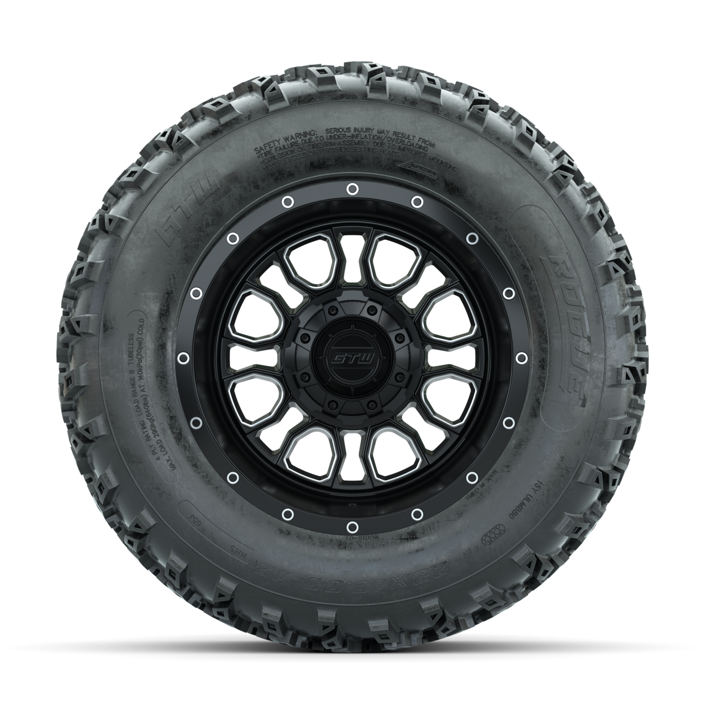 GTW Volt Machined/Black 12 in Wheels with 23x10.00-12 Rogue All Terrain Tires Full Set