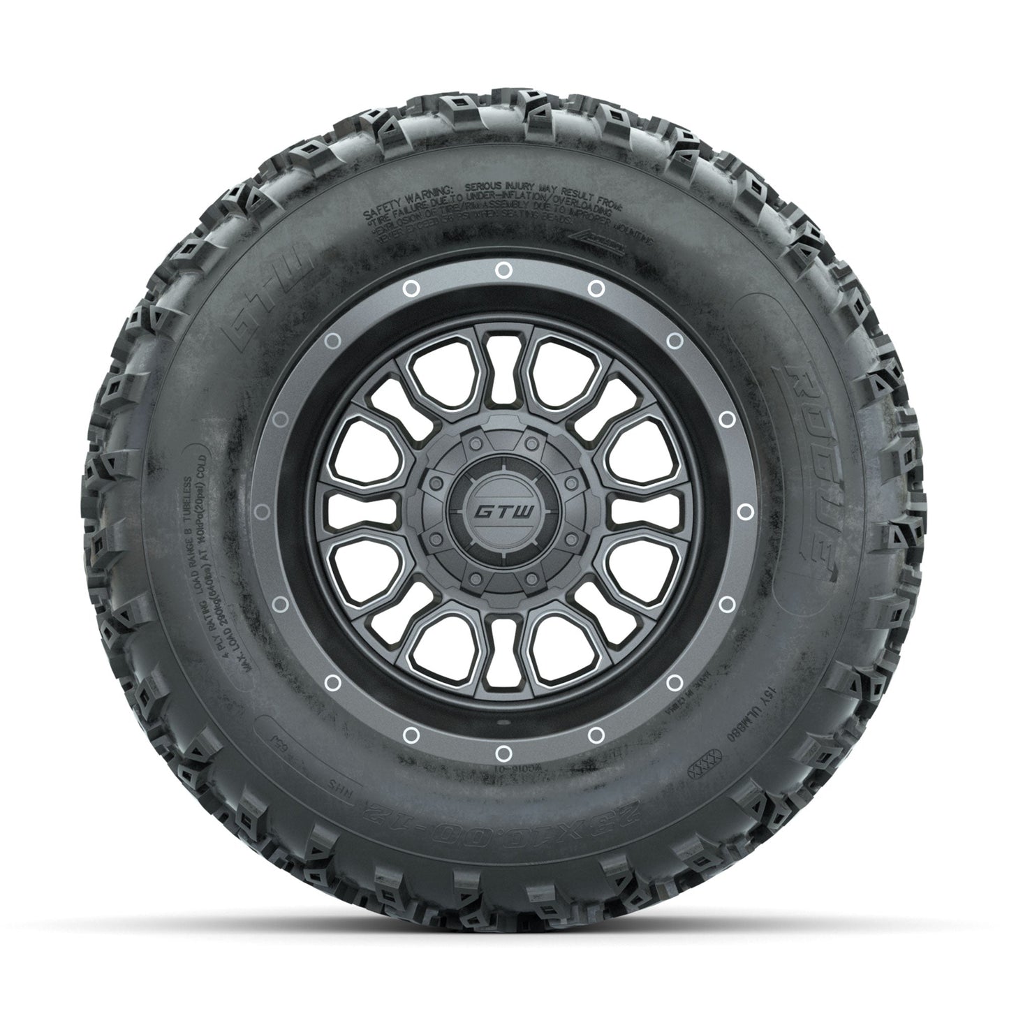 GTW Volt Gunmetal/Machined 12 in Wheels with 23x10.00-12 Rogue All Terrain Tires Full Set