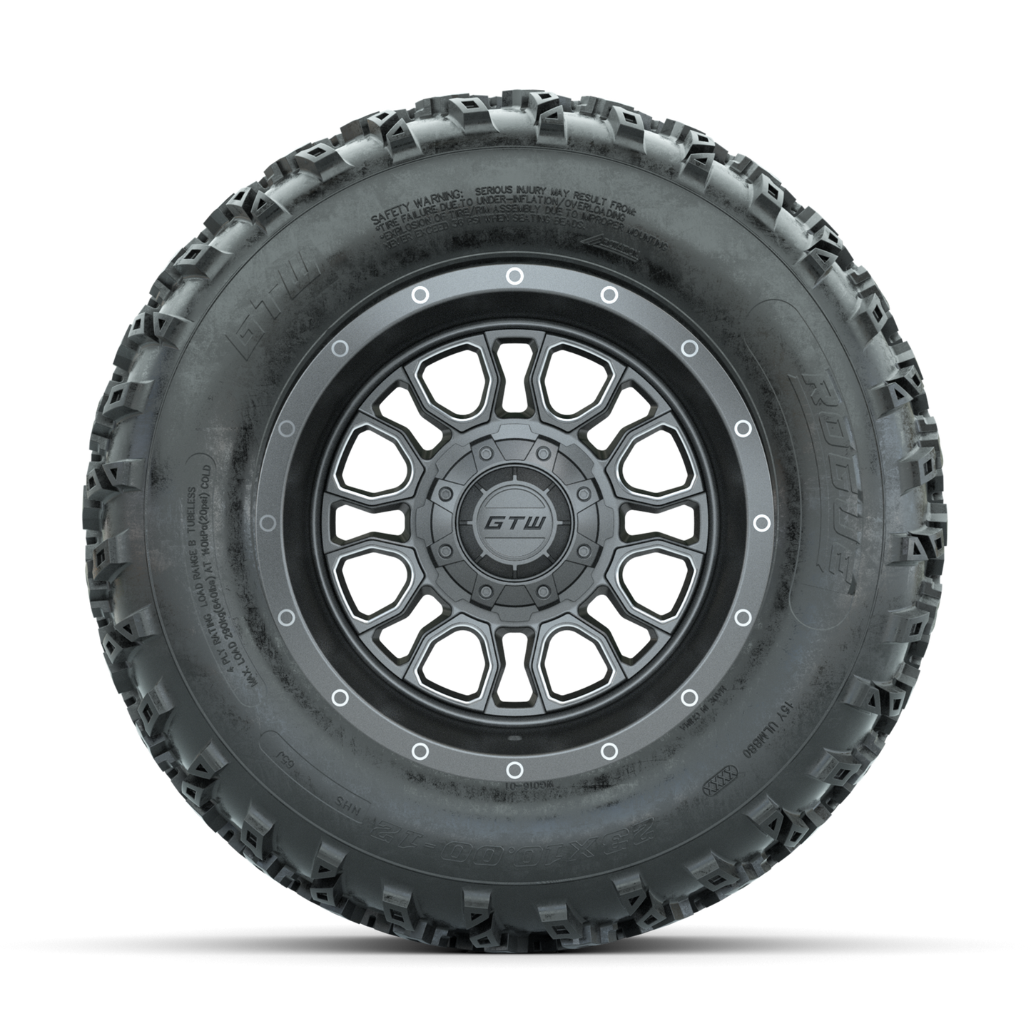 GTW Volt Gunmetal/Machined 12 in Wheels with 23x10.00-12 Rogue All Terrain Tires Full Set