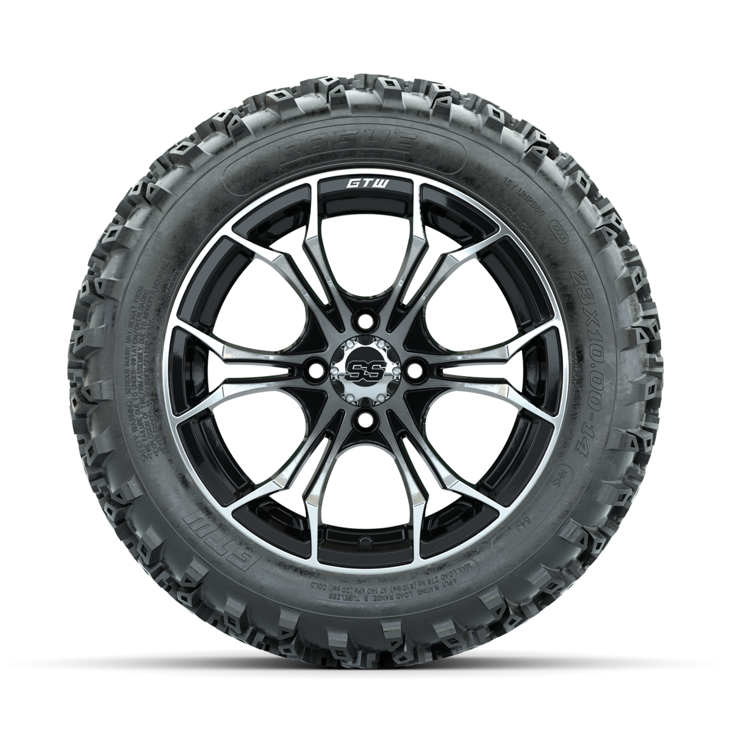 GTW Spyder Machined/Black 14 in Wheels with 23x10.00-14 Rogue All Terrain Tires Full Set