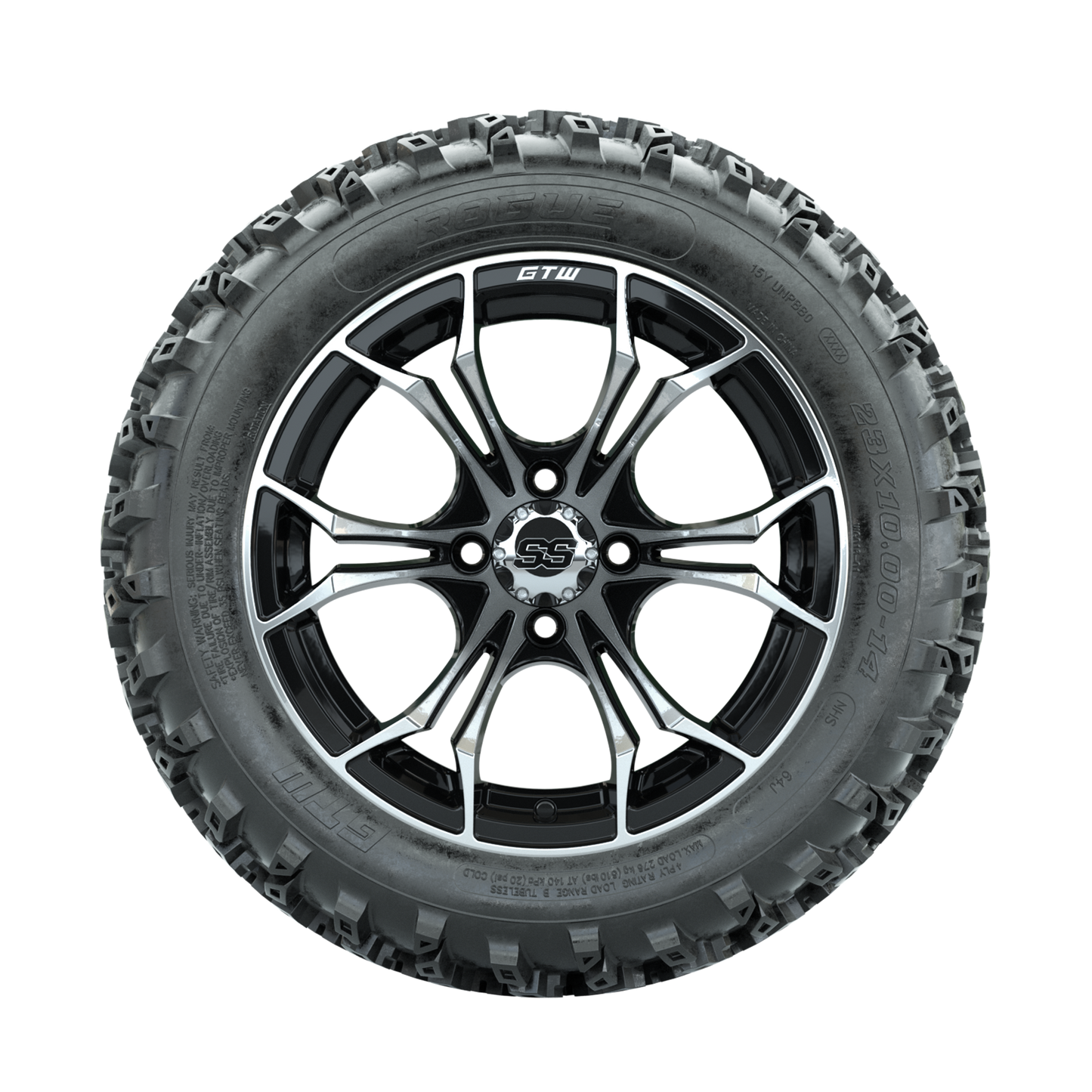 GTW Spyder Machined/Black 14 in Wheels with 23x10.00-14 Rogue All Terrain Tires Full Set