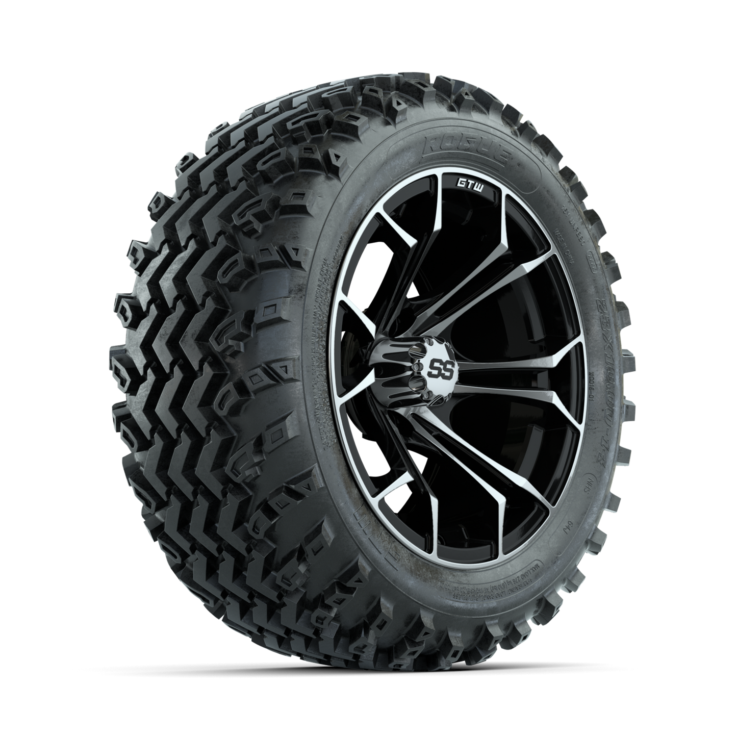 GTW Spyder Machined/Black 14 in Wheels with 23x10.00-14 Rogue All Terrain Tires Full Set