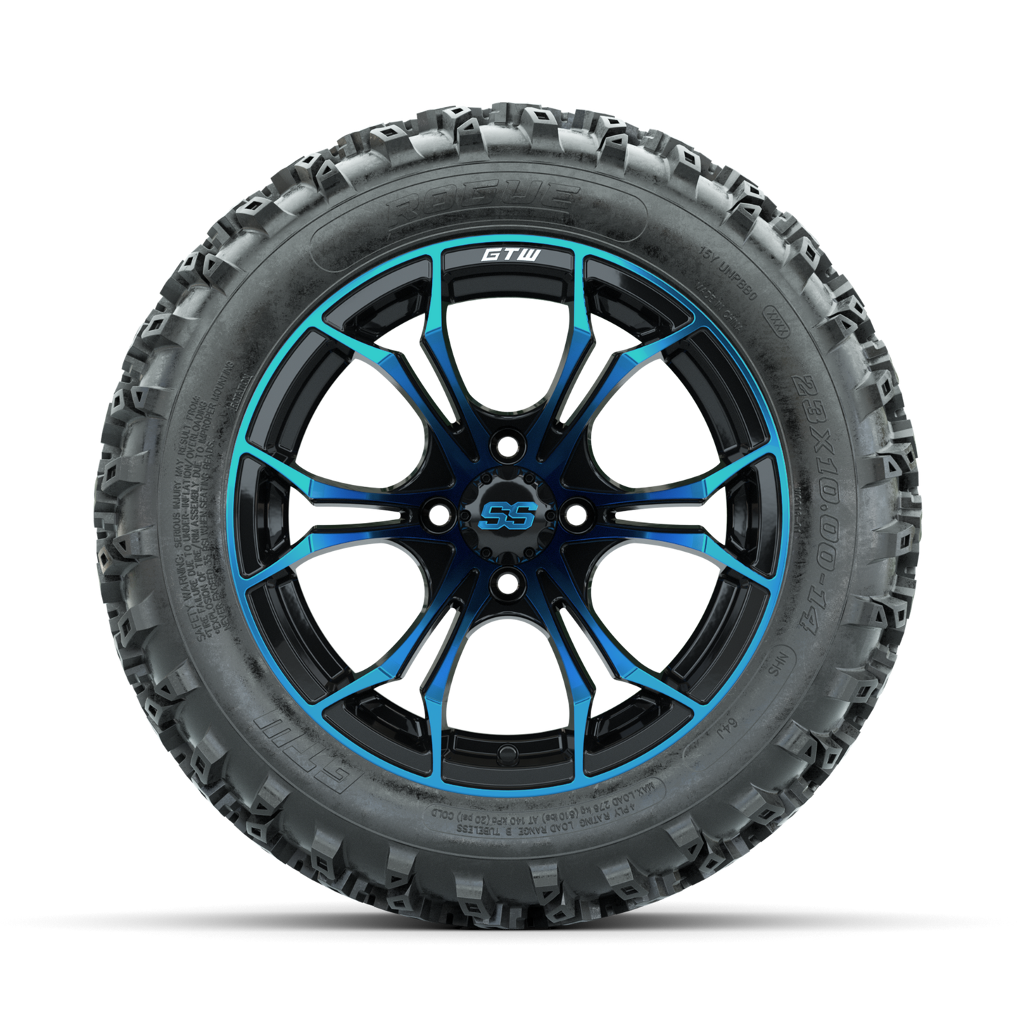 GTW Spyder Blue/Black 14 in Wheels with 23x10.00-14 Rogue All Terrain Tires Full Set