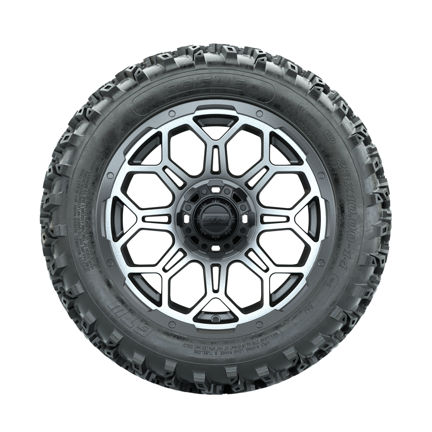 GTW Bravo Machined/Matte Grey 14 in Wheels with 23x10.00-14 Rogue All Terrain Tires Full Set