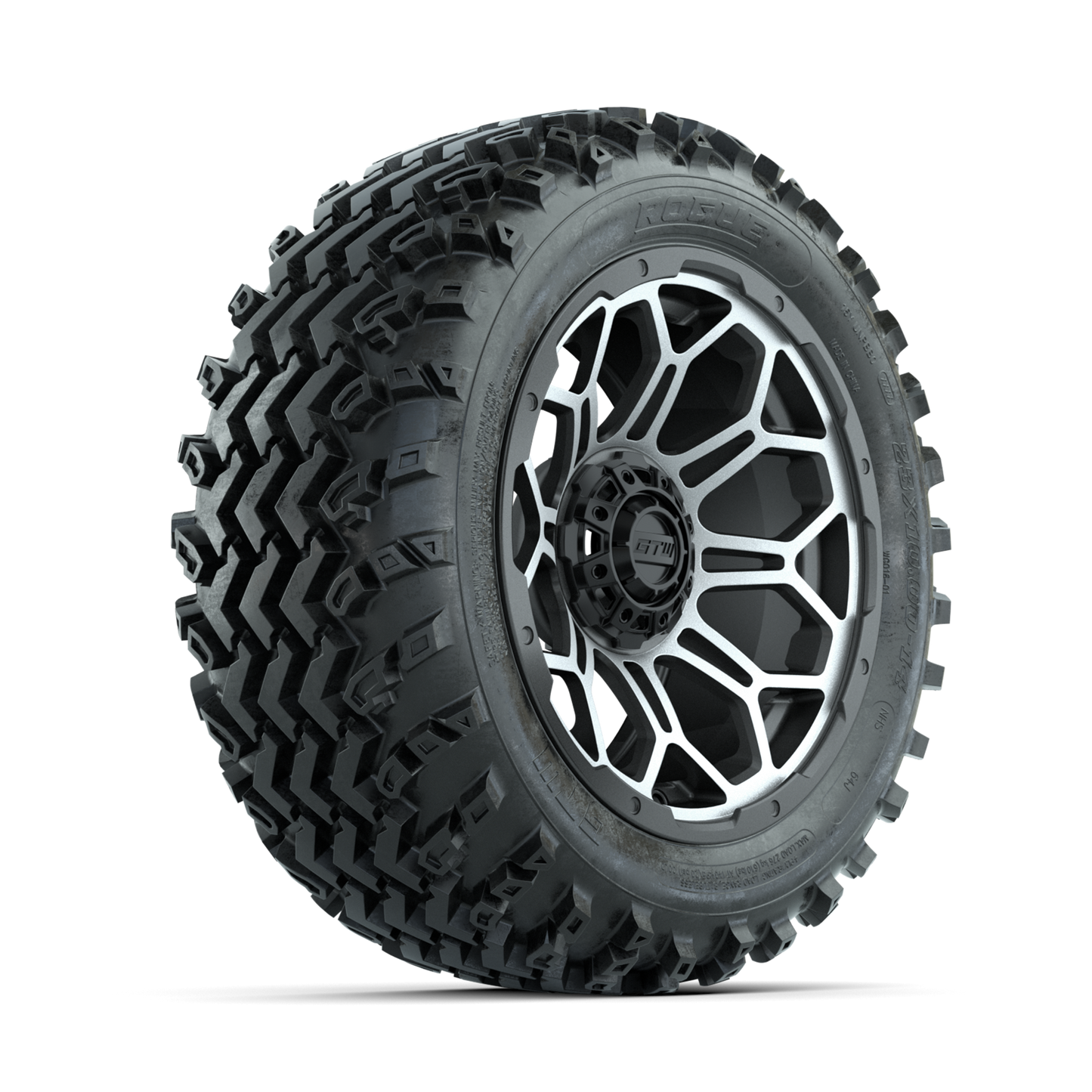 GTW Bravo Machined/Matte Grey 14 in Wheels with 23x10.00-14 Rogue All Terrain Tires Full Set
