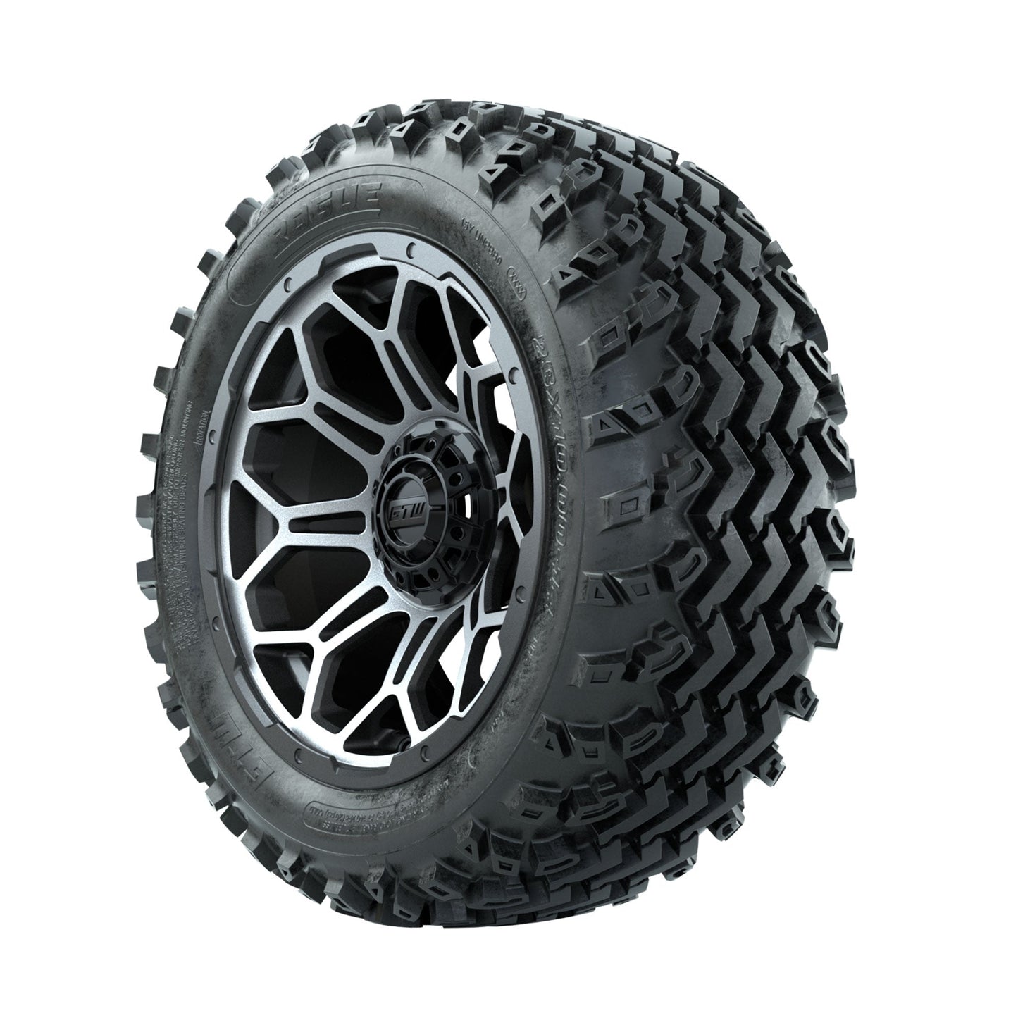 GTW Bravo Machined/Matte Grey 14 in Wheels with 23x10.00-14 Rogue All Terrain Tires Full Set