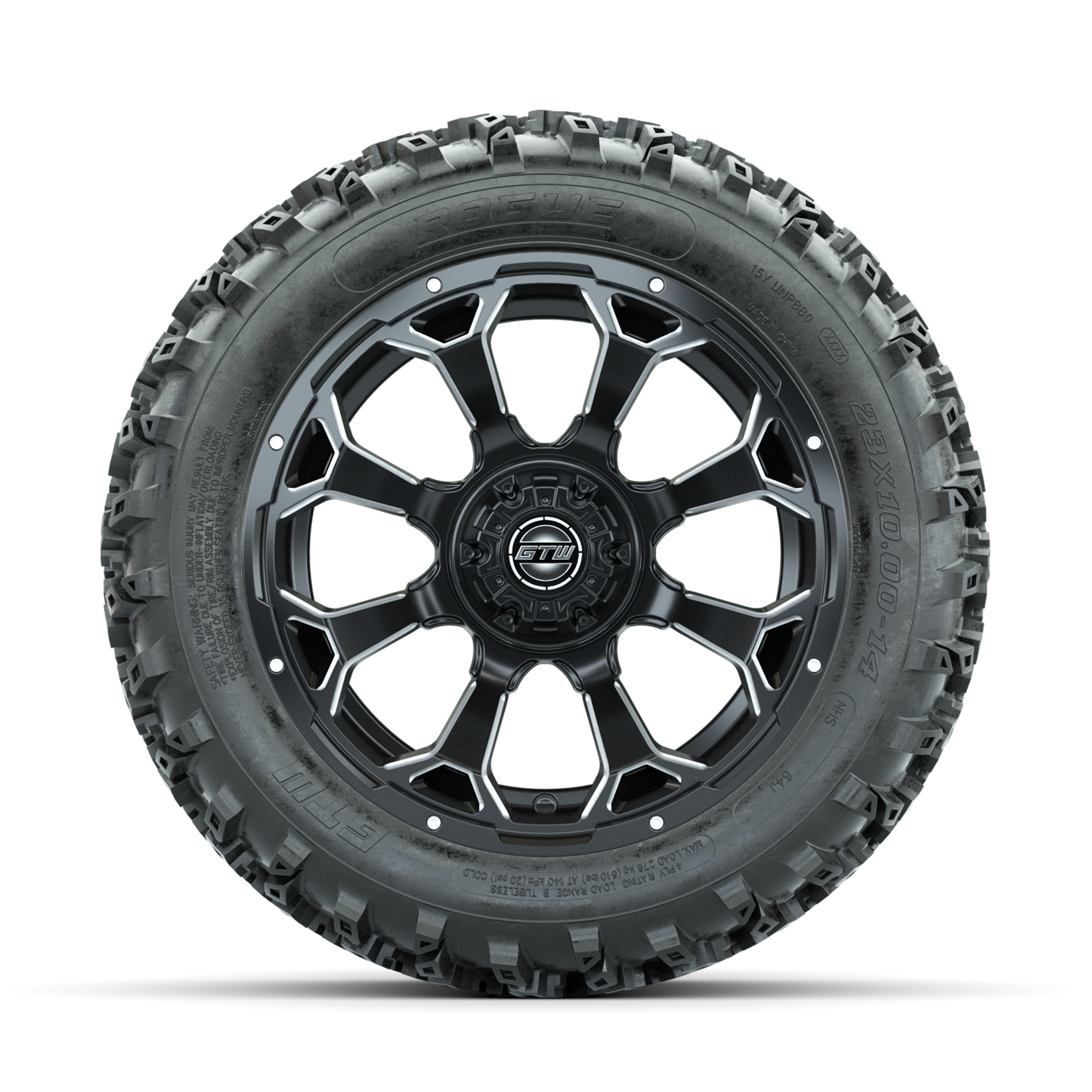 GTW Raven Ball Milled/Matte Black 14 in Wheels with 23x10.00-14 Rogue All Terrain Tires Full Set