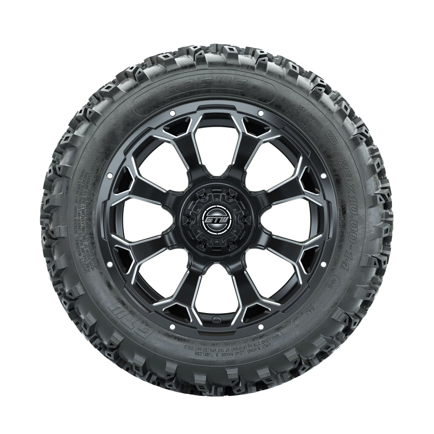 GTW Raven Ball Milled/Matte Black 14 in Wheels with 23x10.00-14 Rogue All Terrain Tires Full Set