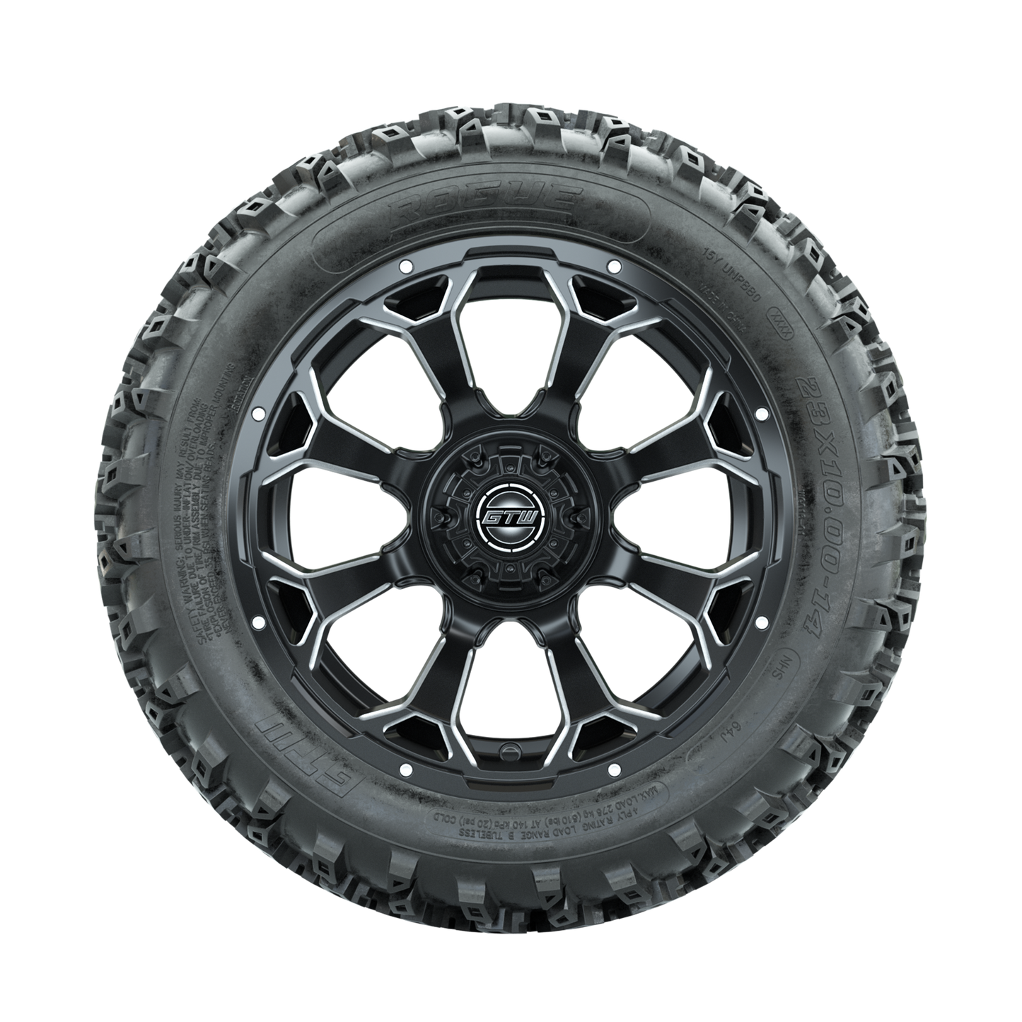 GTW Raven Ball Milled/Matte Black 14 in Wheels with 23x10.00-14 Rogue All Terrain Tires Full Set