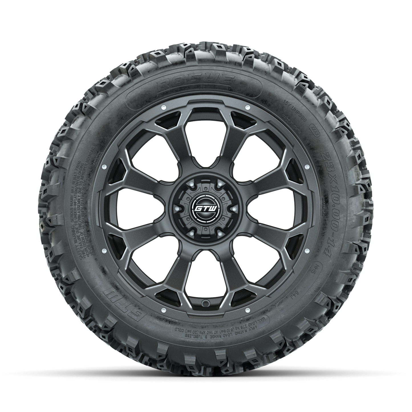 GTW Raven Ball Milled/Matte Grey 14 in Wheels with 23x10.00-14 Rogue All Terrain Tires Full Set