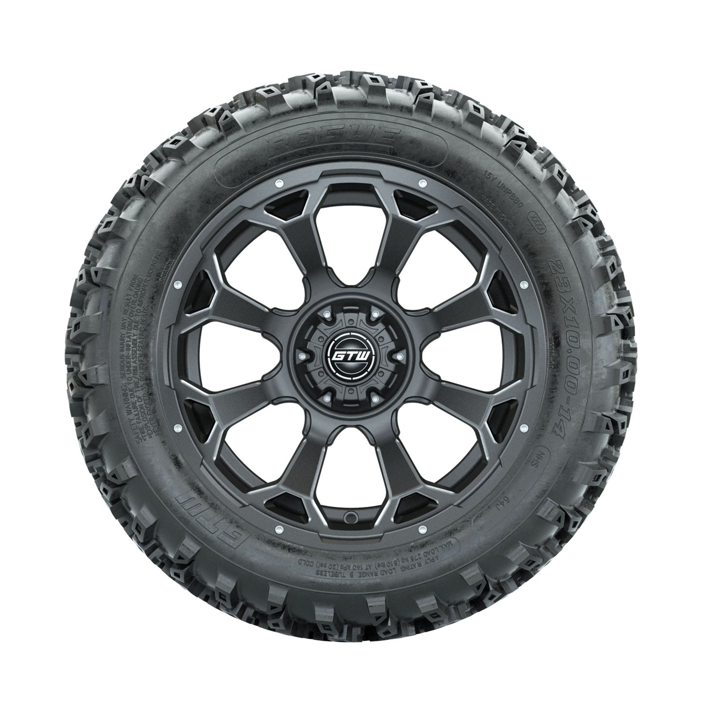 GTW Raven Ball Milled/Matte Grey 14 in Wheels with 23x10.00-14 Rogue All Terrain Tires Full Set