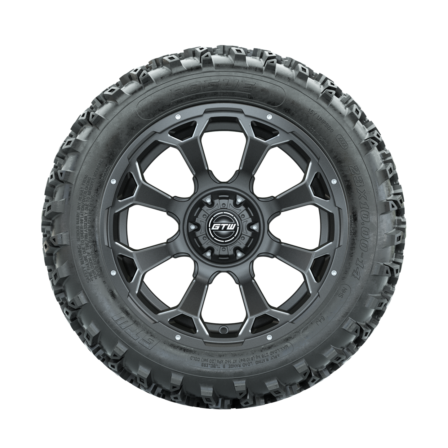 GTW Raven Ball Milled/Matte Grey 14 in Wheels with 23x10.00-14 Rogue All Terrain Tires Full Set
