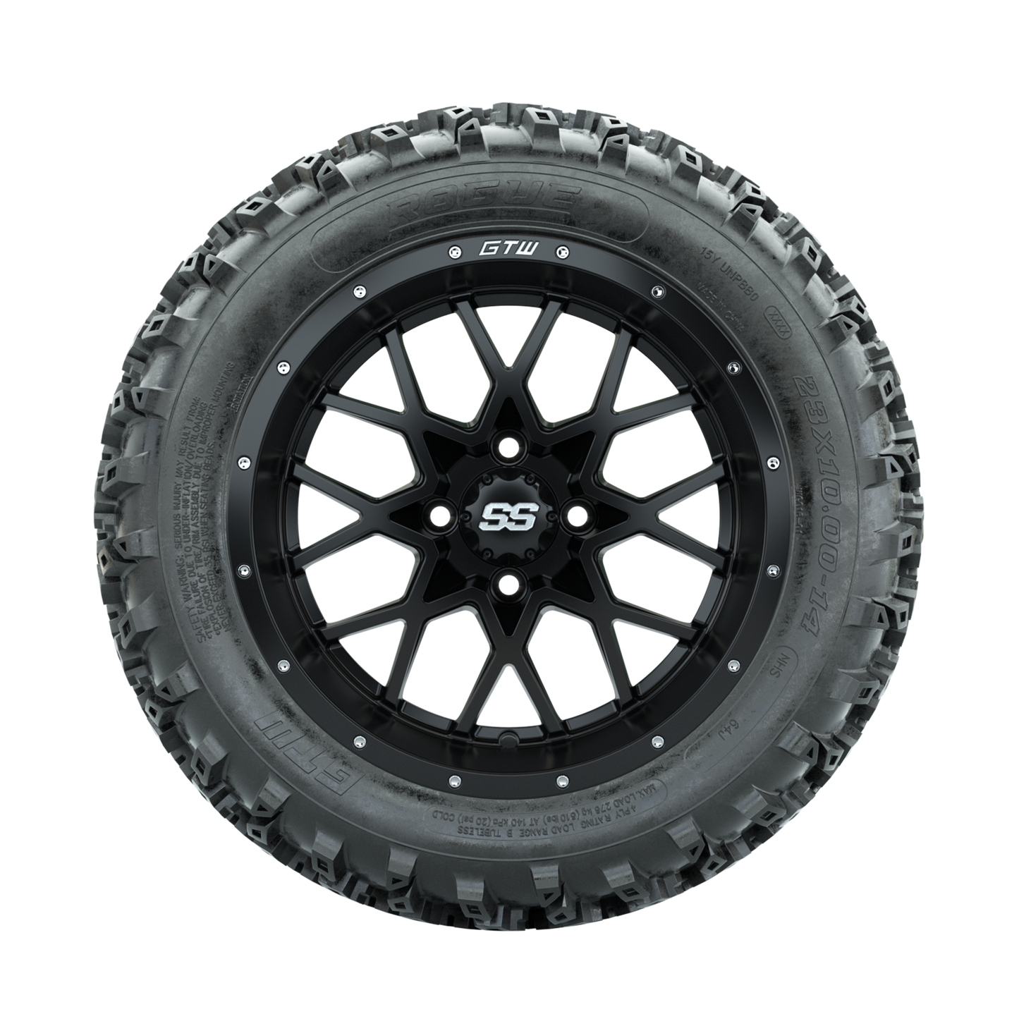 GTW Vortex Matte Black 14 in Wheels with 23x10.00-14 Rogue All Terrain Tires Full Set