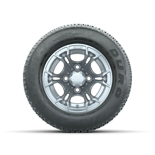 GTW Spyder Silver Brush 10 in Wheels with 205/50-10 Duro Low-profile Tires Full Set