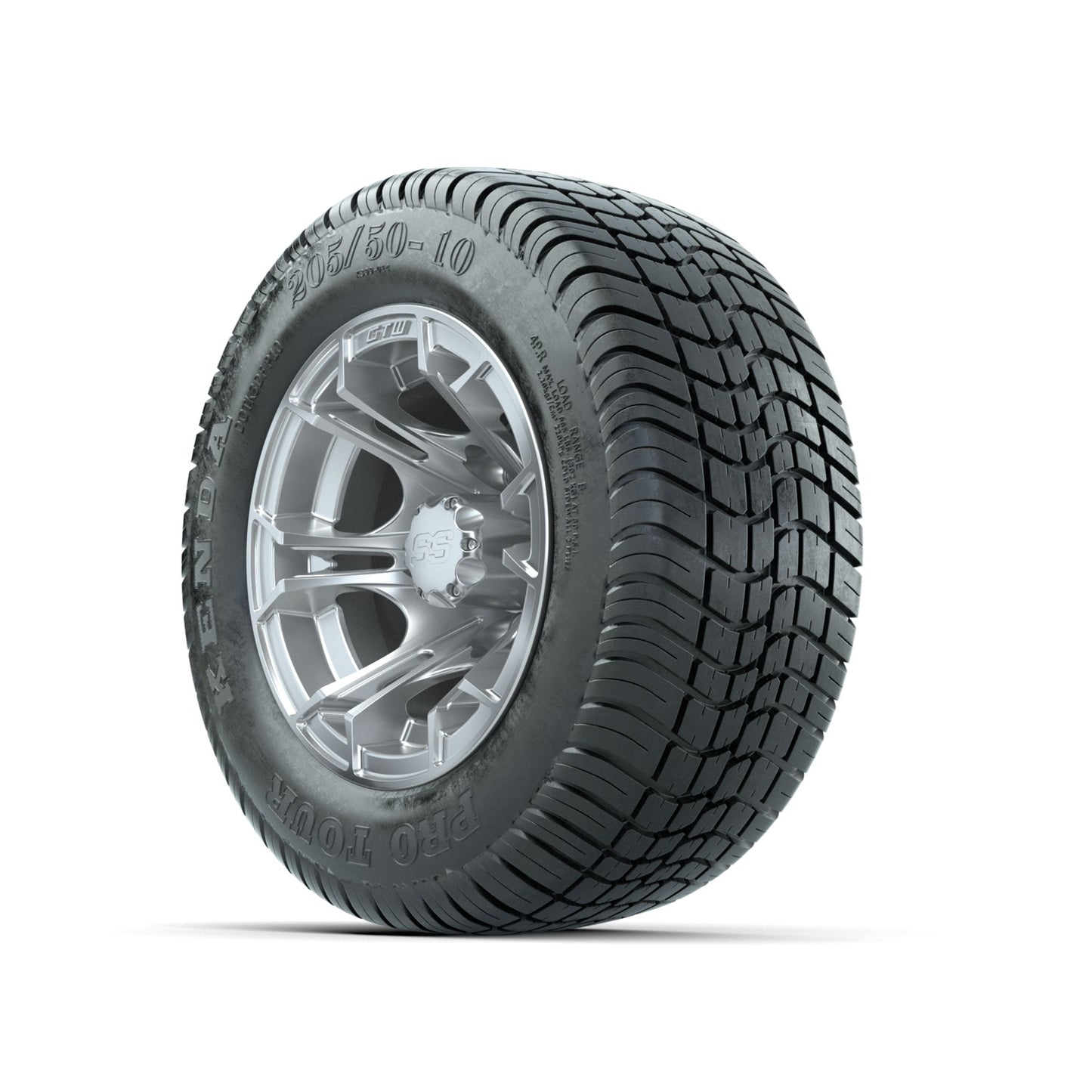 GTW Spyder Silver Brush 10 in Wheels with 205/50-10 Kenda Pro Tour Low-profile Tires Full Set