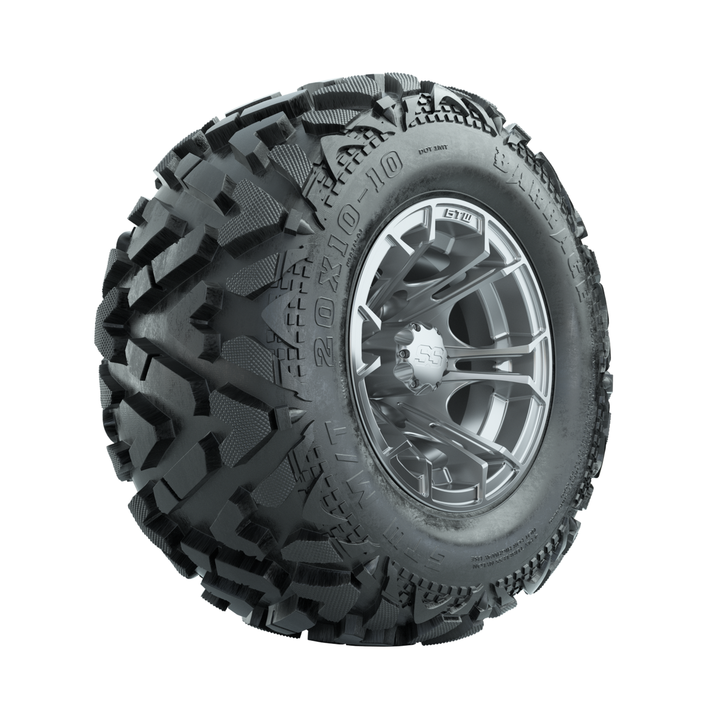 GTW Spyder Silver Brush 10 in Wheels with 20x10-10 Barrage Mud Tires Full Set