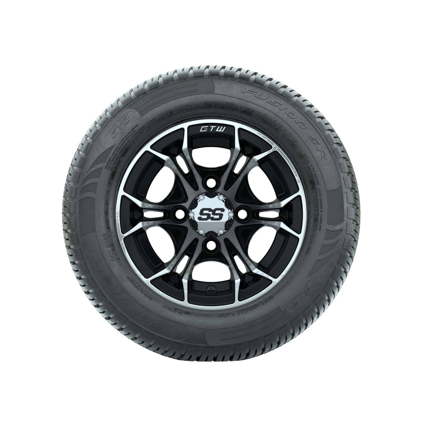 GTW Spyder Machined/Black 10 in Wheels with 205/50-10 Fusion SR Steel Belted Radial Tires Full Set