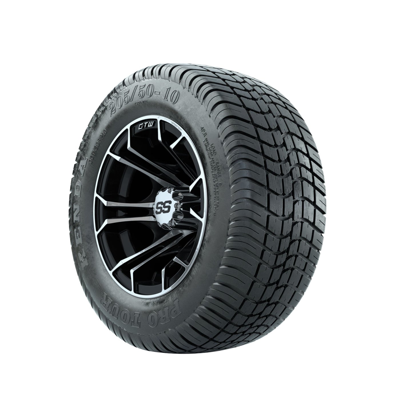 GTW Spyder Machined/Black 10 in Wheels with 205/50-10 Kenda Pro Tour Low-profile Tires Full Set
