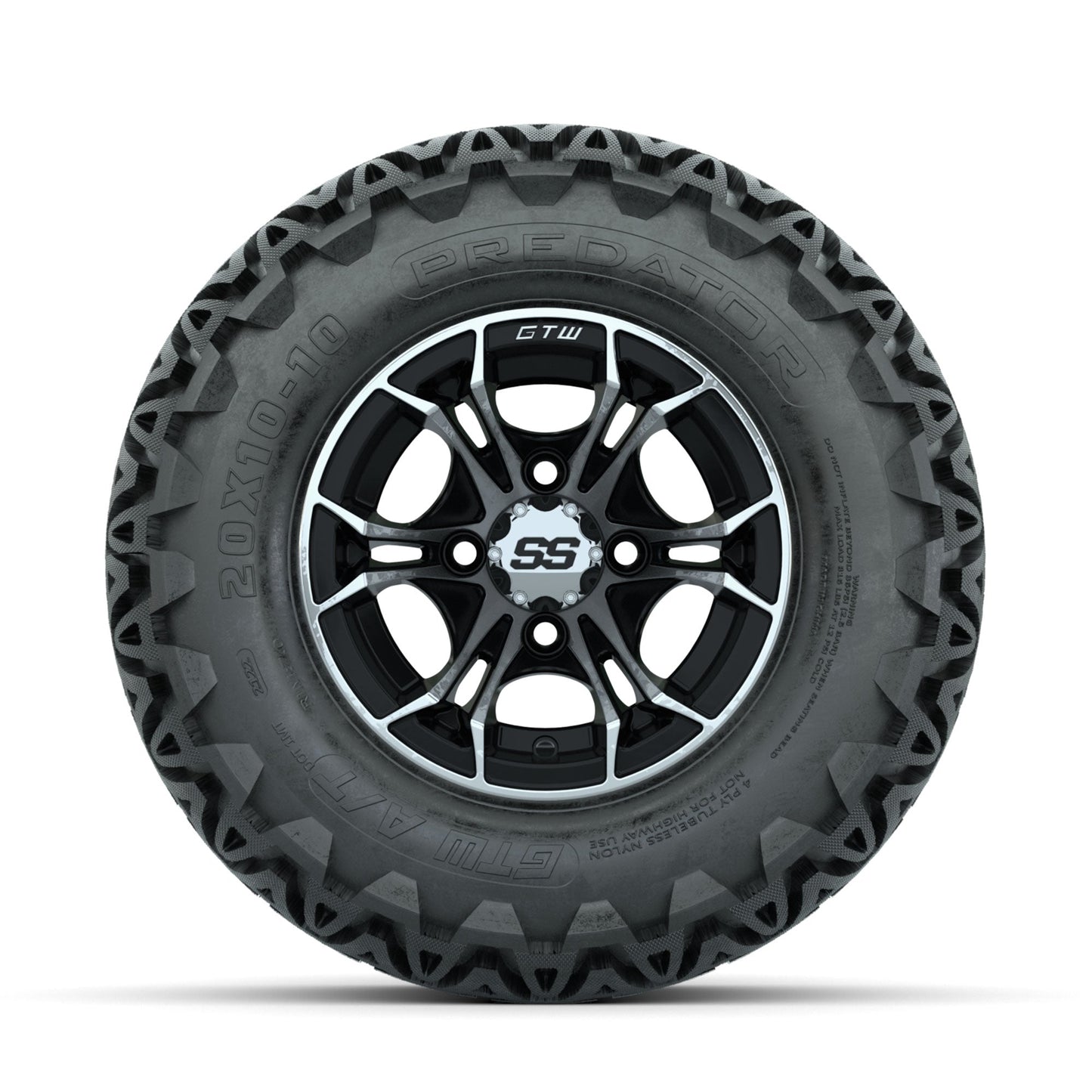 GTW Spyder Machined/Black 10 in Wheels with 20x10-10 Predator All Terrain Tires Full Set