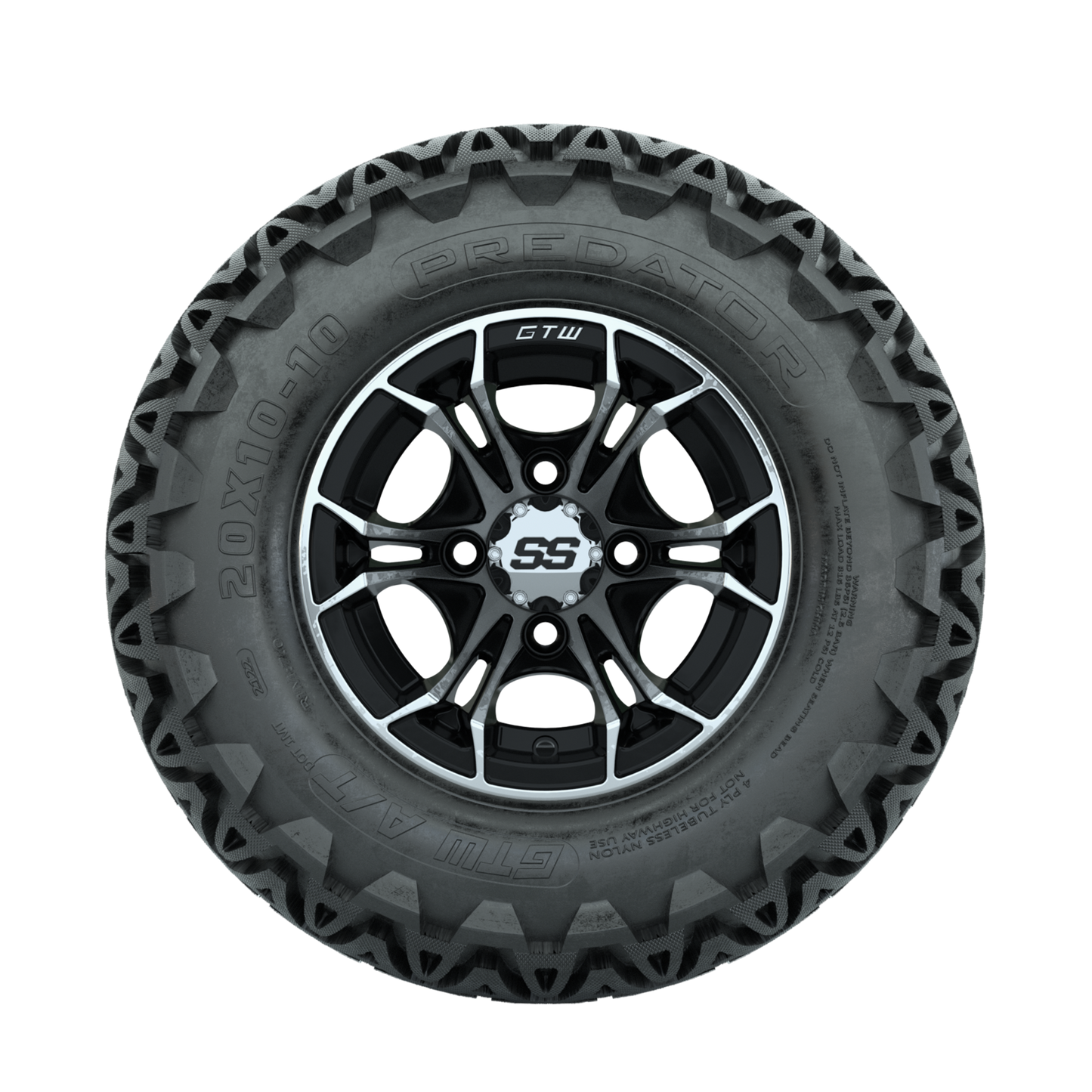 GTW Spyder Machined/Black 10 in Wheels with 20x10-10 Predator All Terrain Tires Full Set