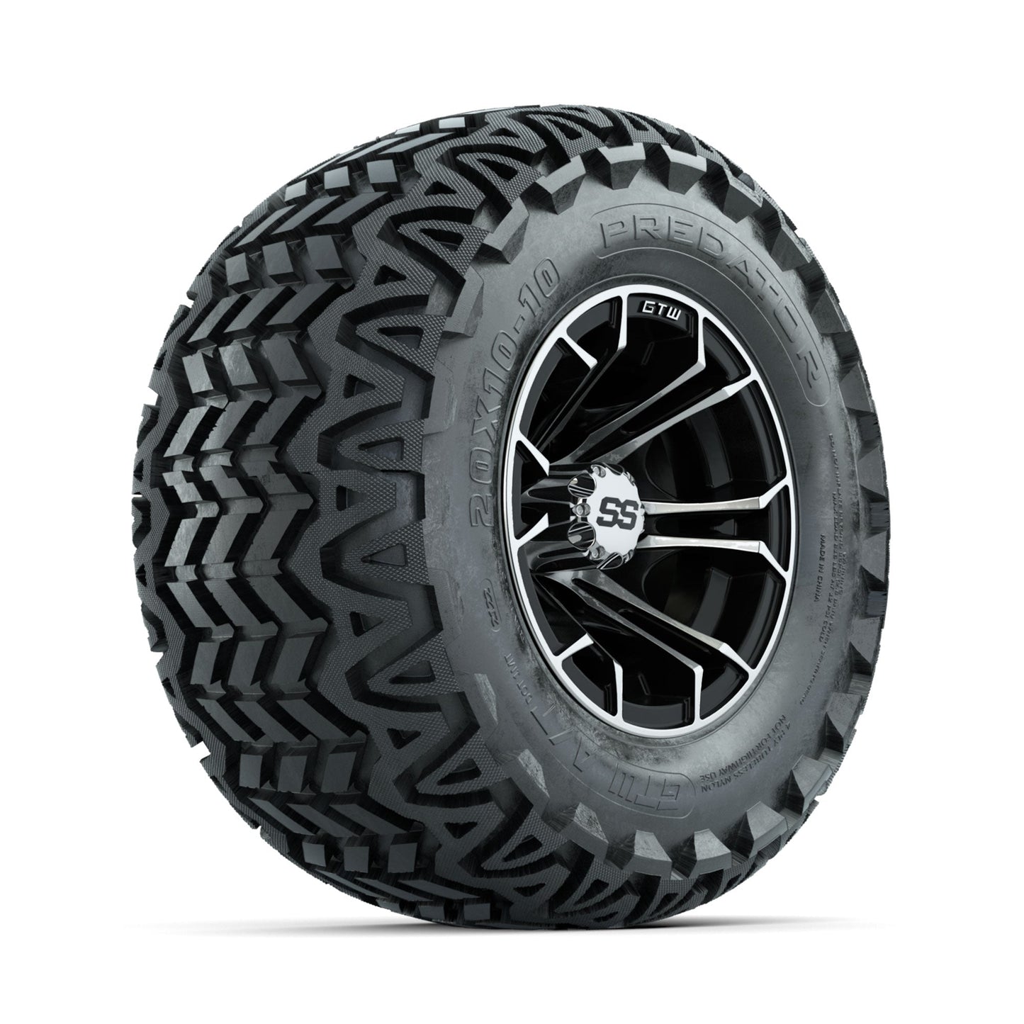 GTW Spyder Machined/Black 10 in Wheels with 20x10-10 Predator All Terrain Tires Full Set