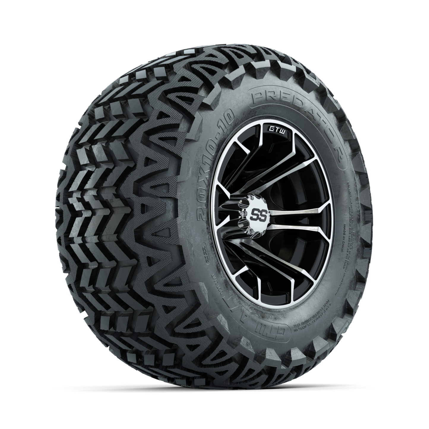 GTW Spyder Machined/Black 10 in Wheels with 20x10-10 Predator All Terrain Tires Full Set