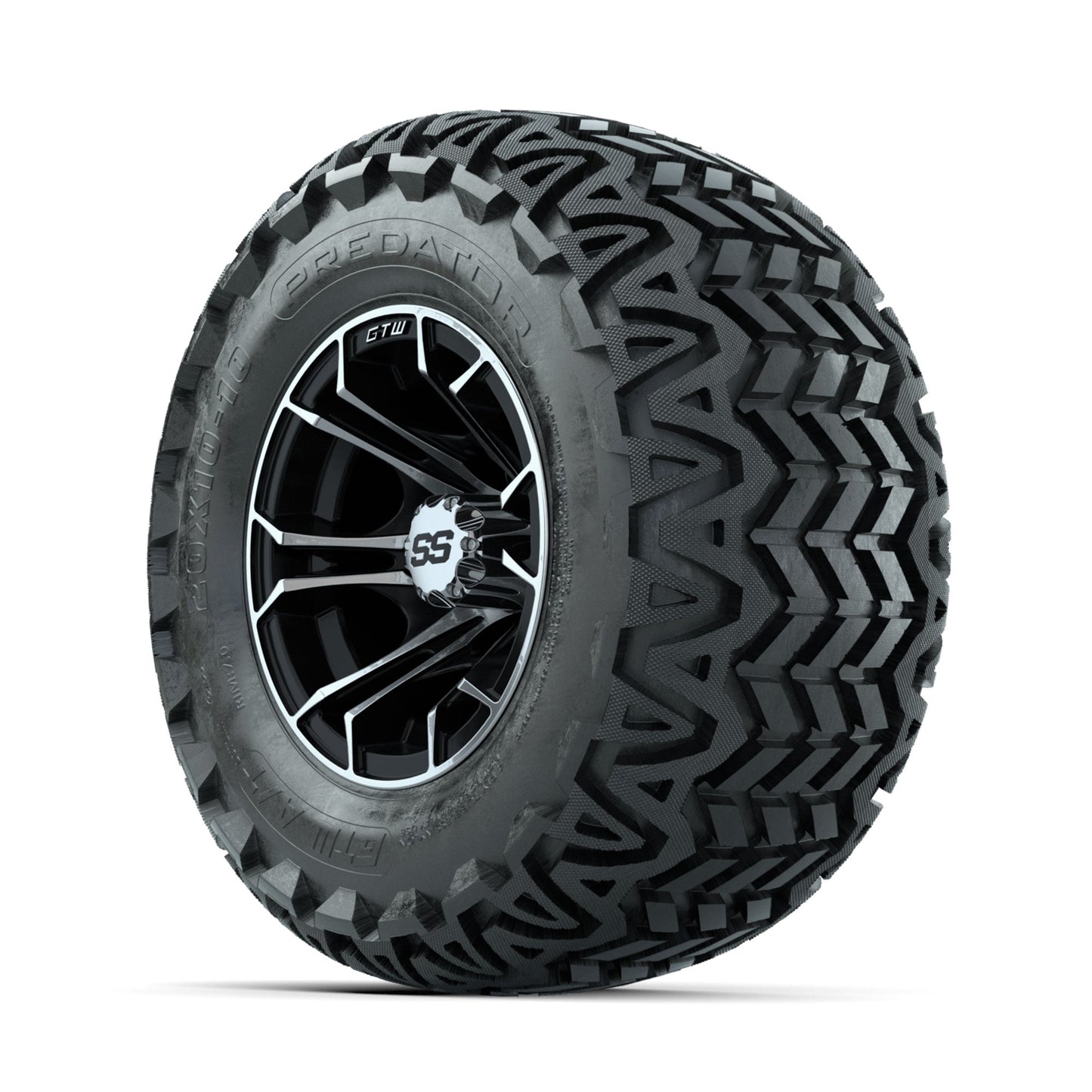 GTW Spyder Machined/Black 10 in Wheels with 20x10-10 Predator All Terrain Tires Full Set