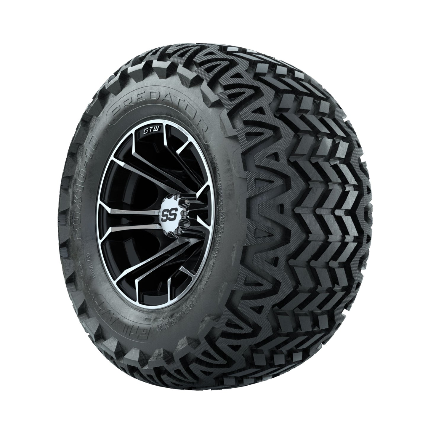 GTW Spyder Machined/Black 10 in Wheels with 20x10-10 Predator All Terrain Tires Full Set