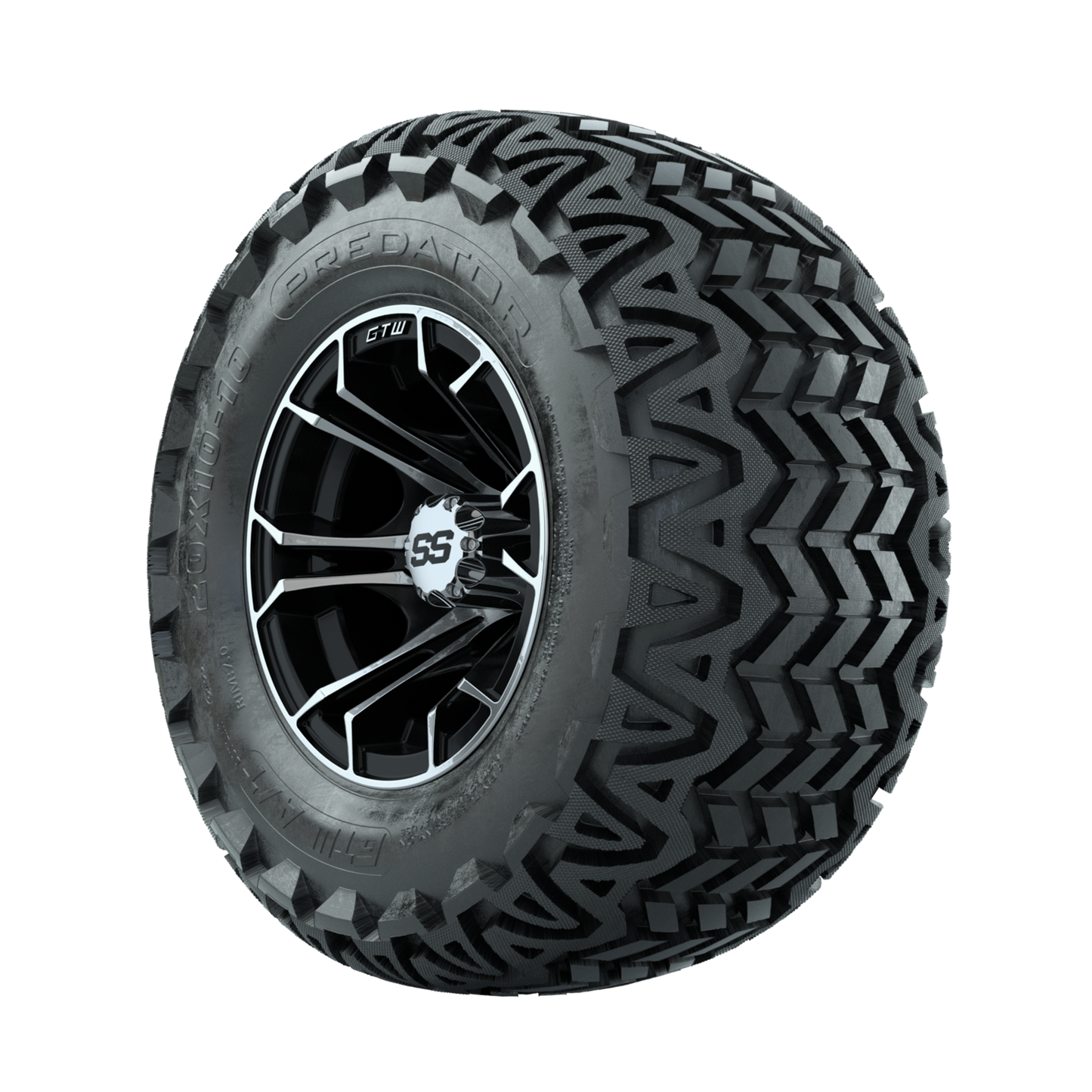 GTW Spyder Machined/Black 10 in Wheels with 20x10-10 Predator All Terrain Tires Full Set