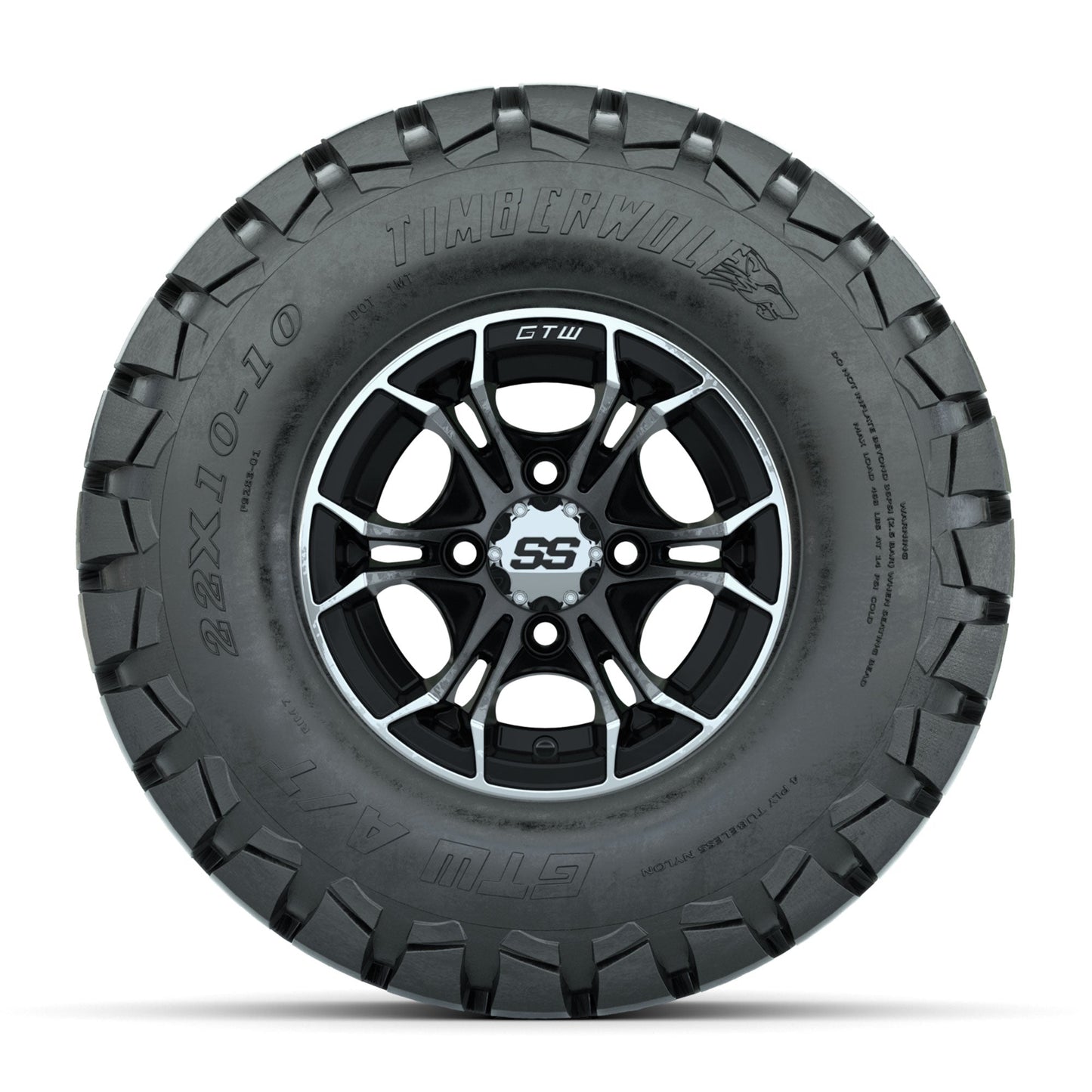 GTW Spyder Machined/Black 10 in Wheels with 22x10-10 Timberwolf All Terrain Tires Full Set