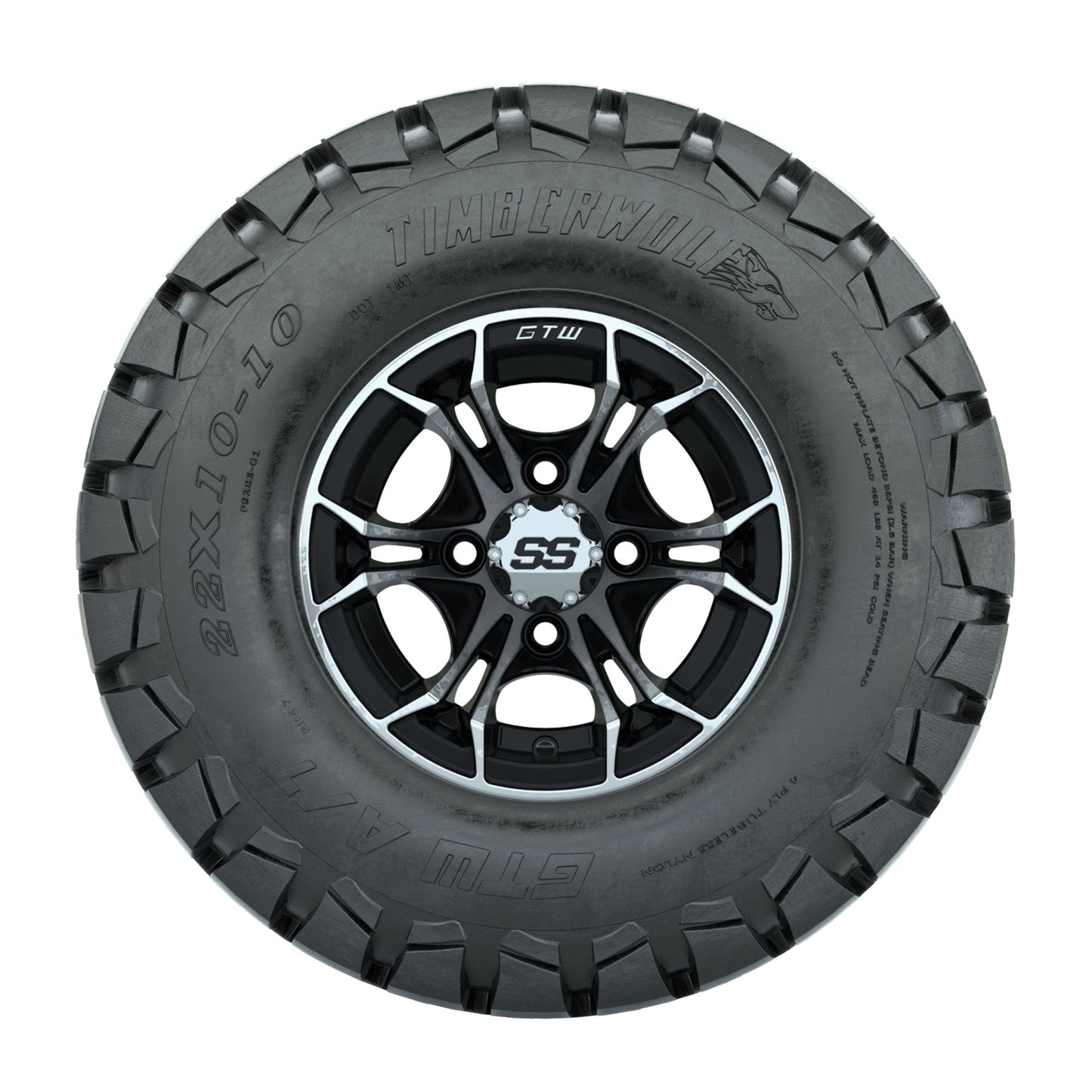GTW Spyder Machined/Black 10 in Wheels with 22x10-10 Timberwolf All Terrain Tires Full Set