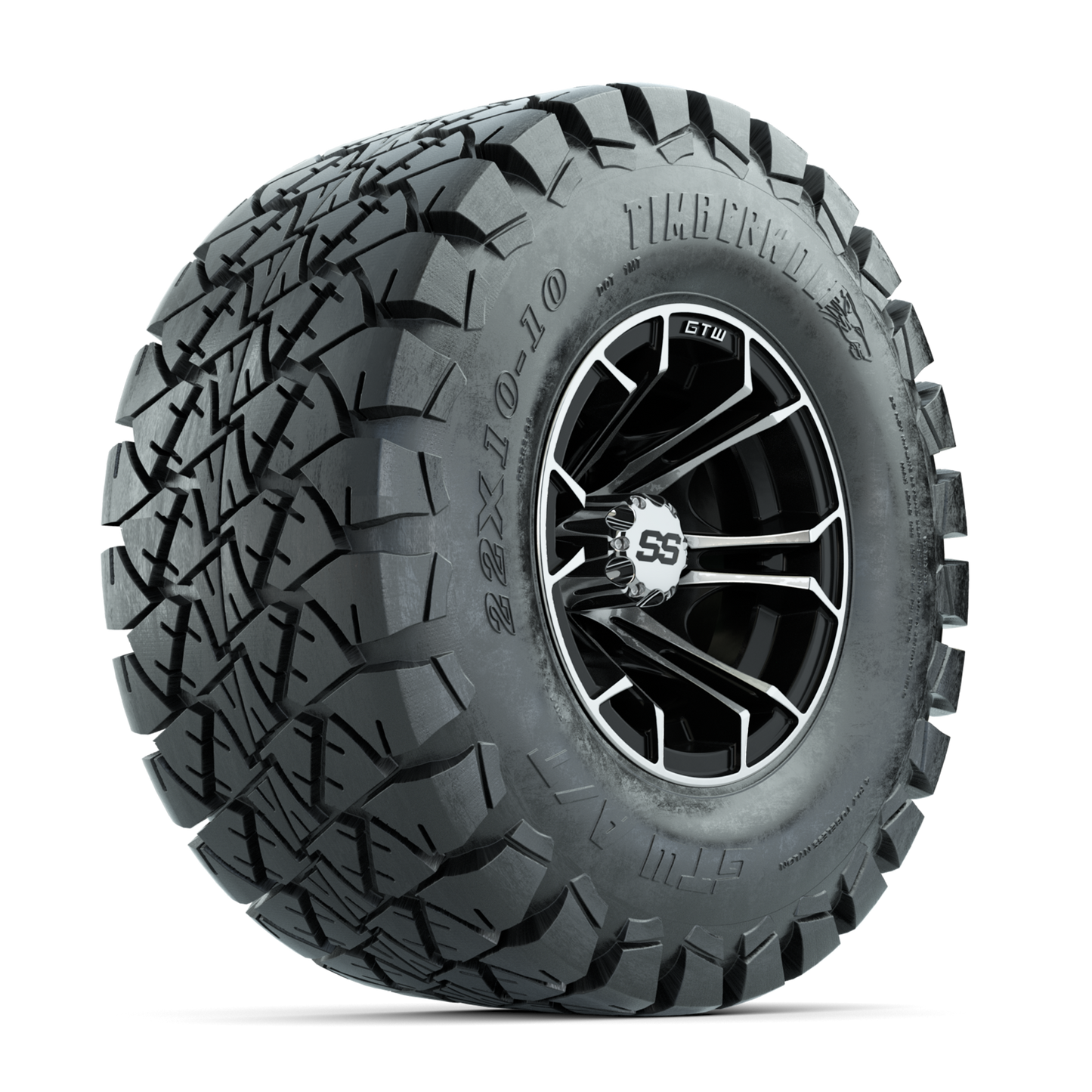 GTW Spyder Machined/Black 10 in Wheels with 22x10-10 Timberwolf All Terrain Tires Full Set