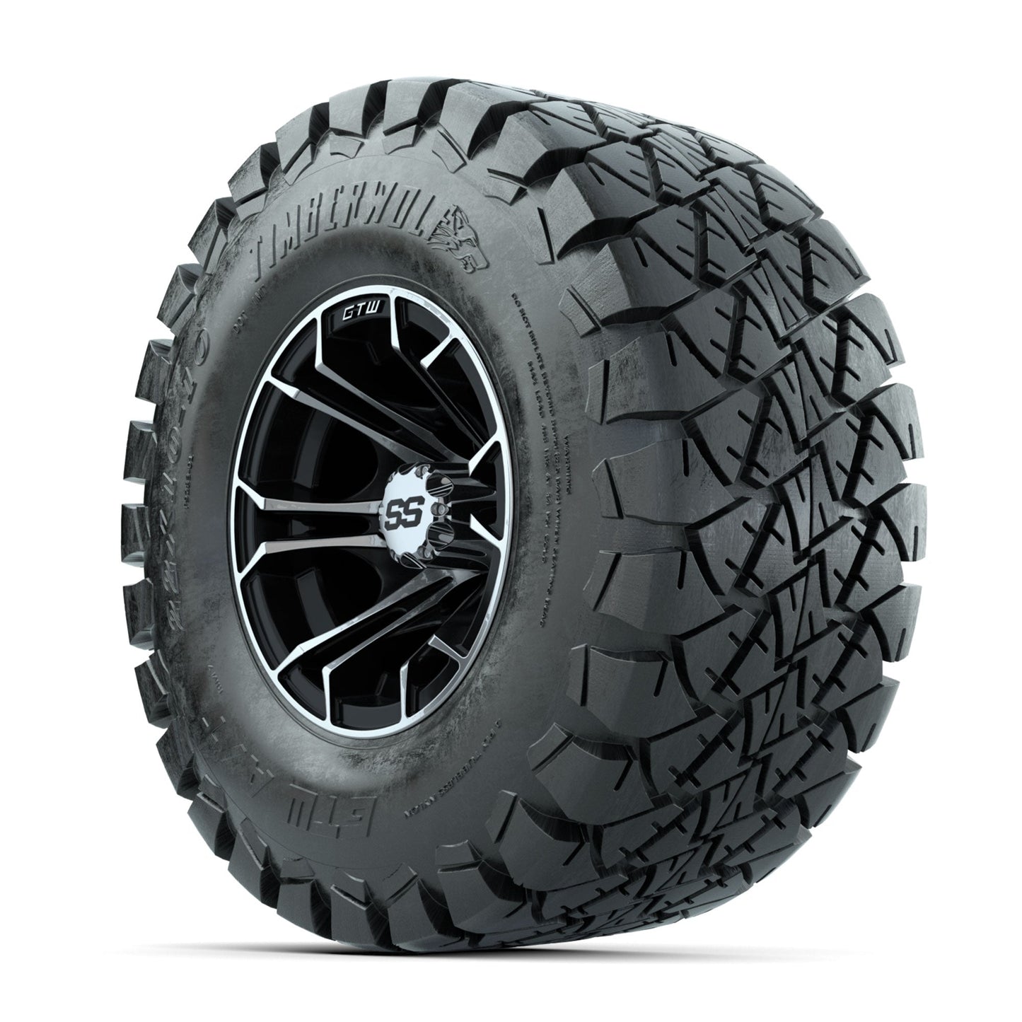 GTW Spyder Machined/Black 10 in Wheels with 22x10-10 Timberwolf All Terrain Tires Full Set