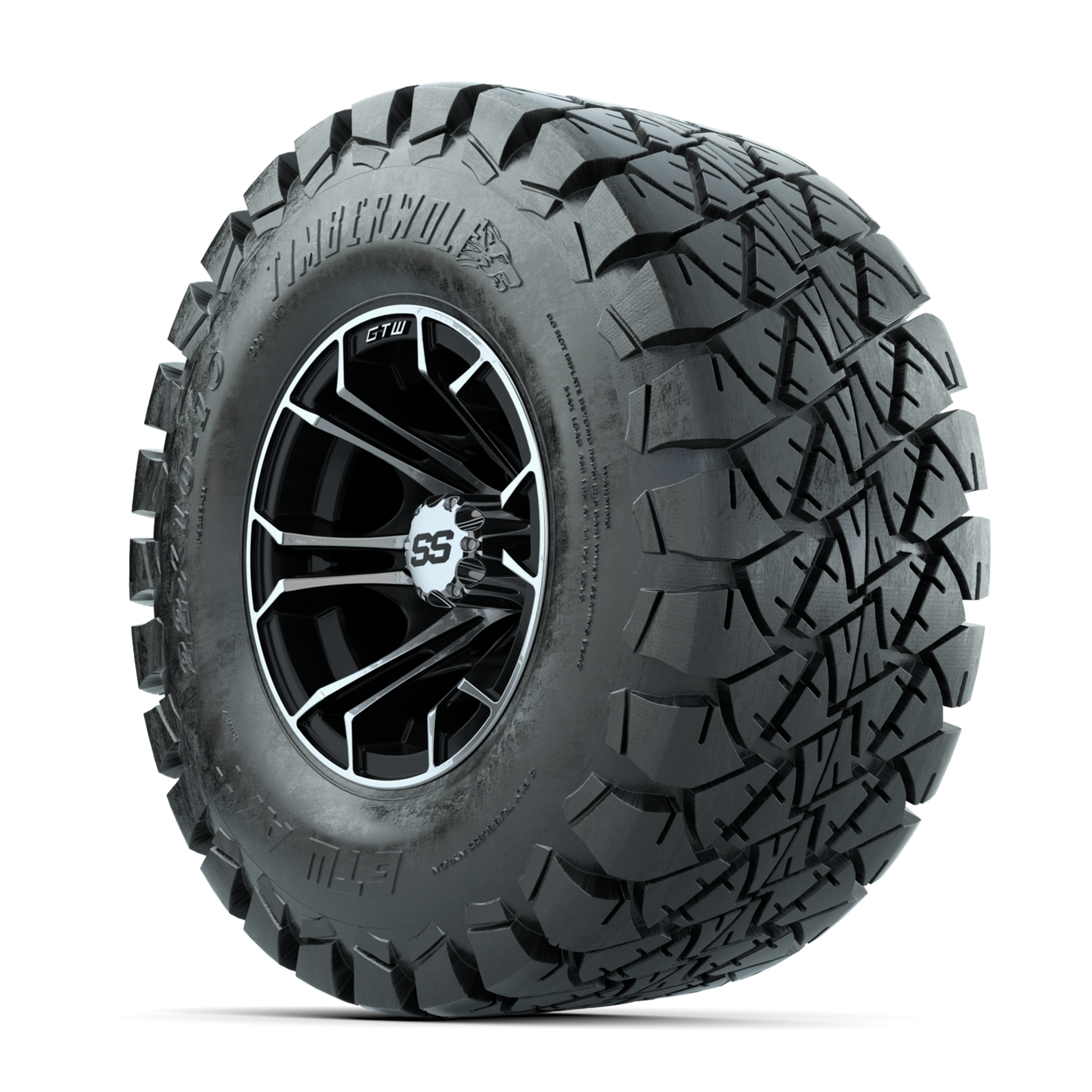 GTW Spyder Machined/Black 10 in Wheels with 22x10-10 Timberwolf All Terrain Tires Full Set